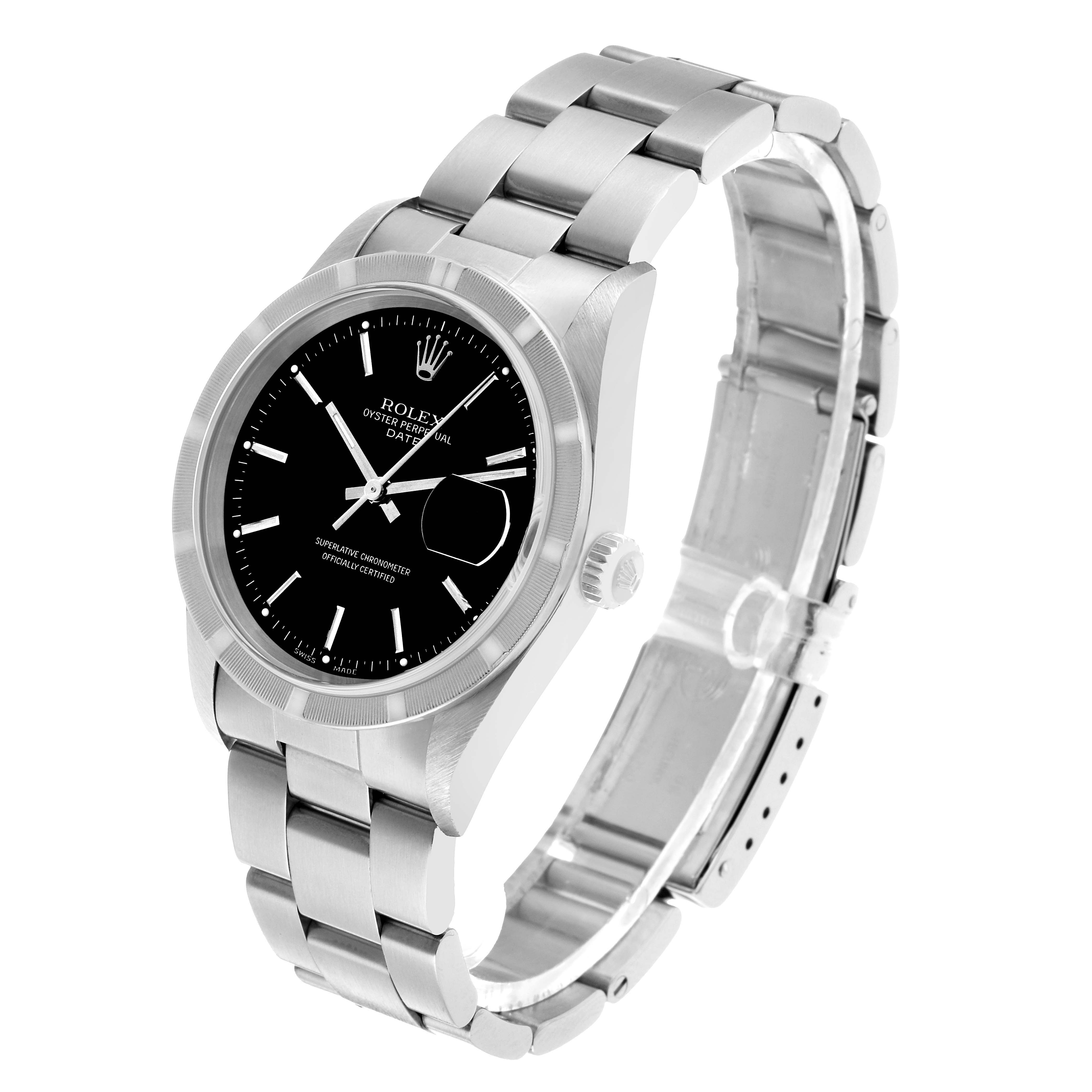 The Rolex Date 15210 Men's Stainless Steel Black Dial watch is angled to show the face, bezel, crown, and bracelet, highlighting its classic design.