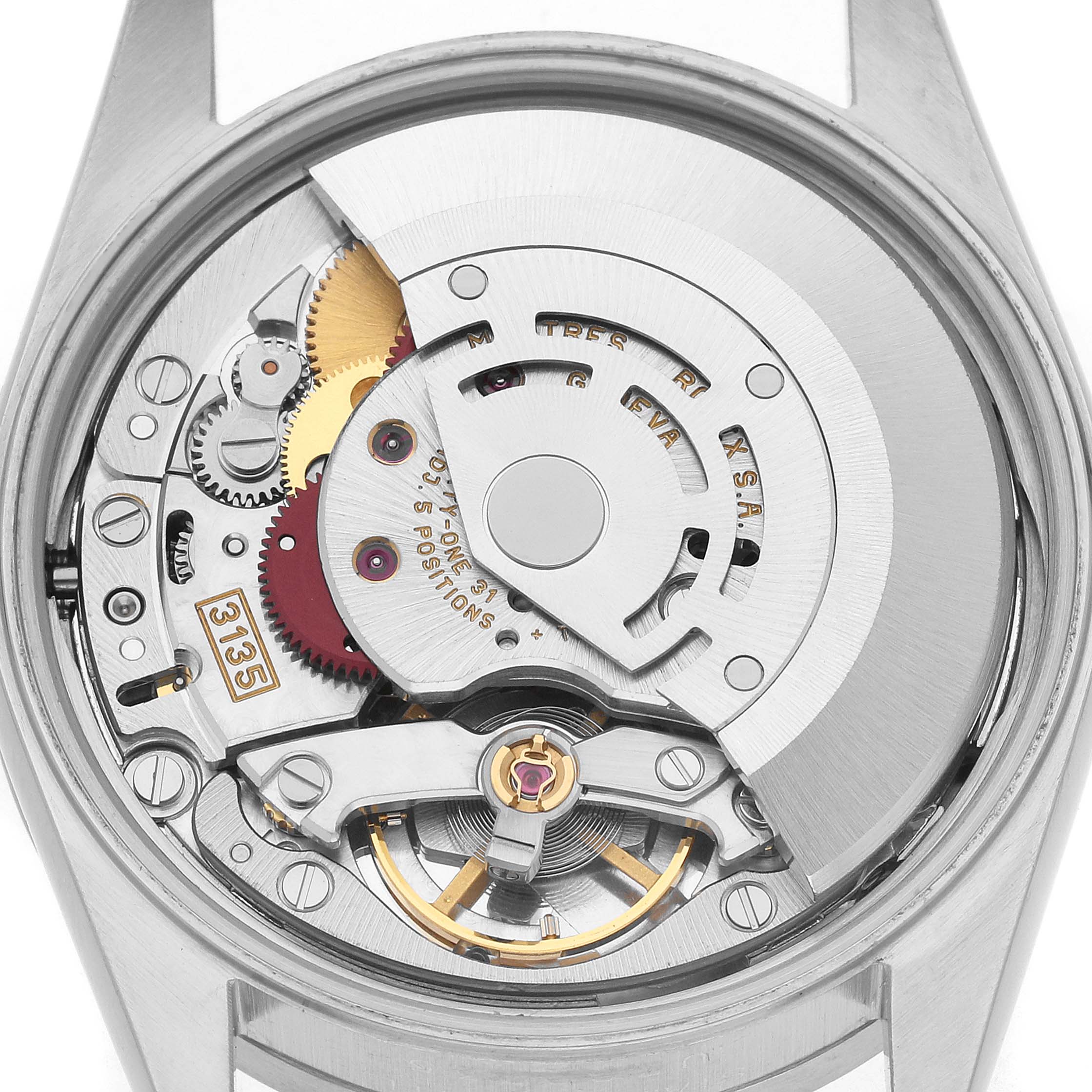 The image shows the movement mechanism of a Rolex Date 15210 Men's Stainless Steel Black Dial model watch from the back.
