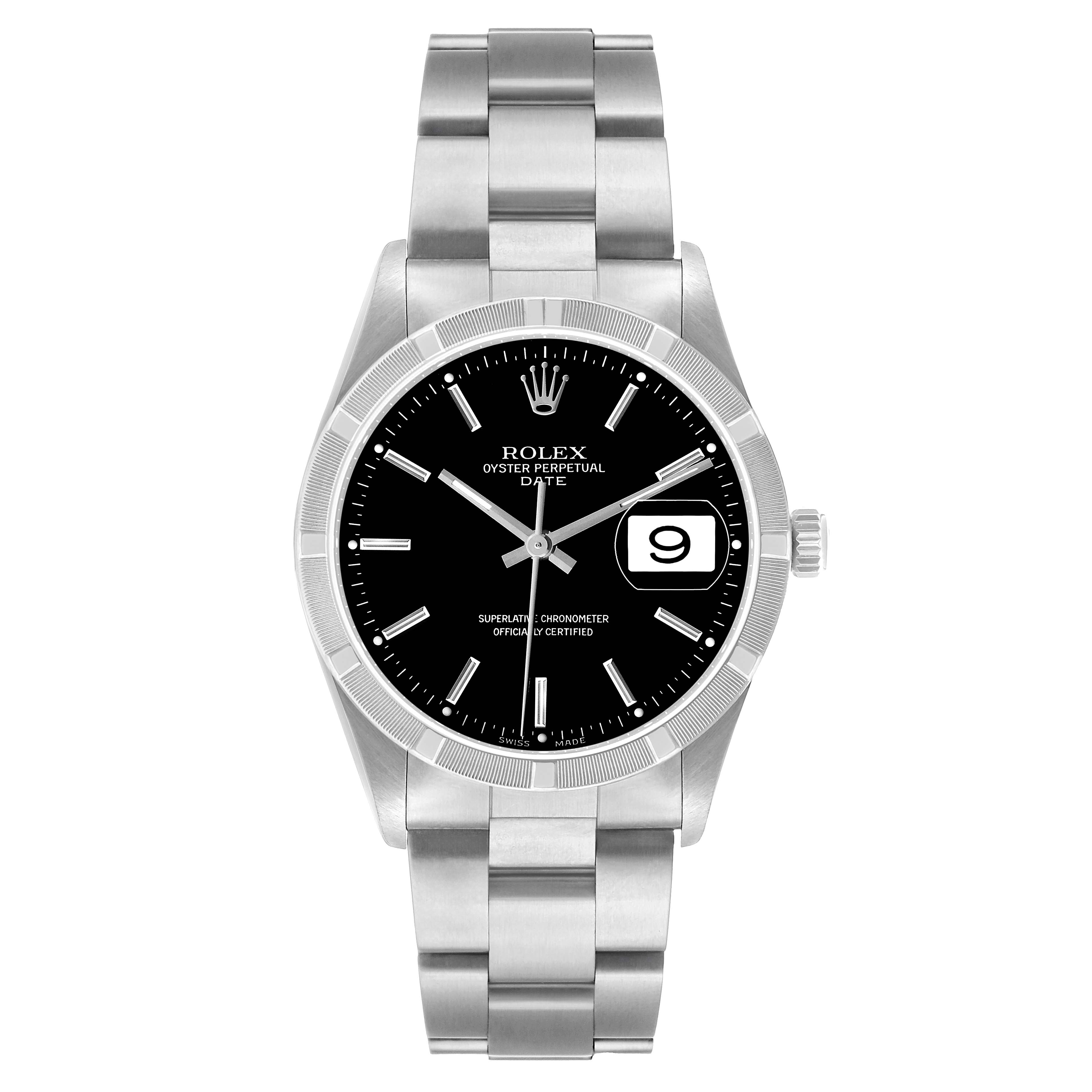 The Rolex Date 15210 Men's Stainless Steel Black Dial watch is shown from the front, displaying its black dial, bracelet, and date window.