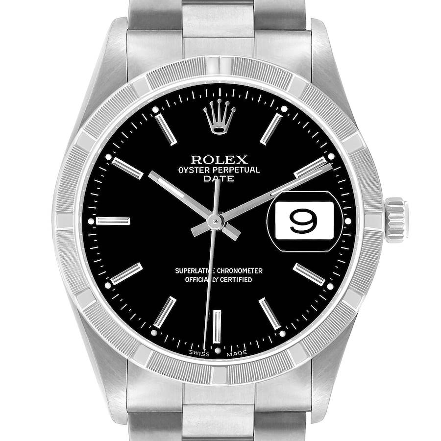 The Rolex Date 15210 Men's Stainless Steel Black Dial model is shown from a top view, featuring the dial, bezel, and part of the bracelet.