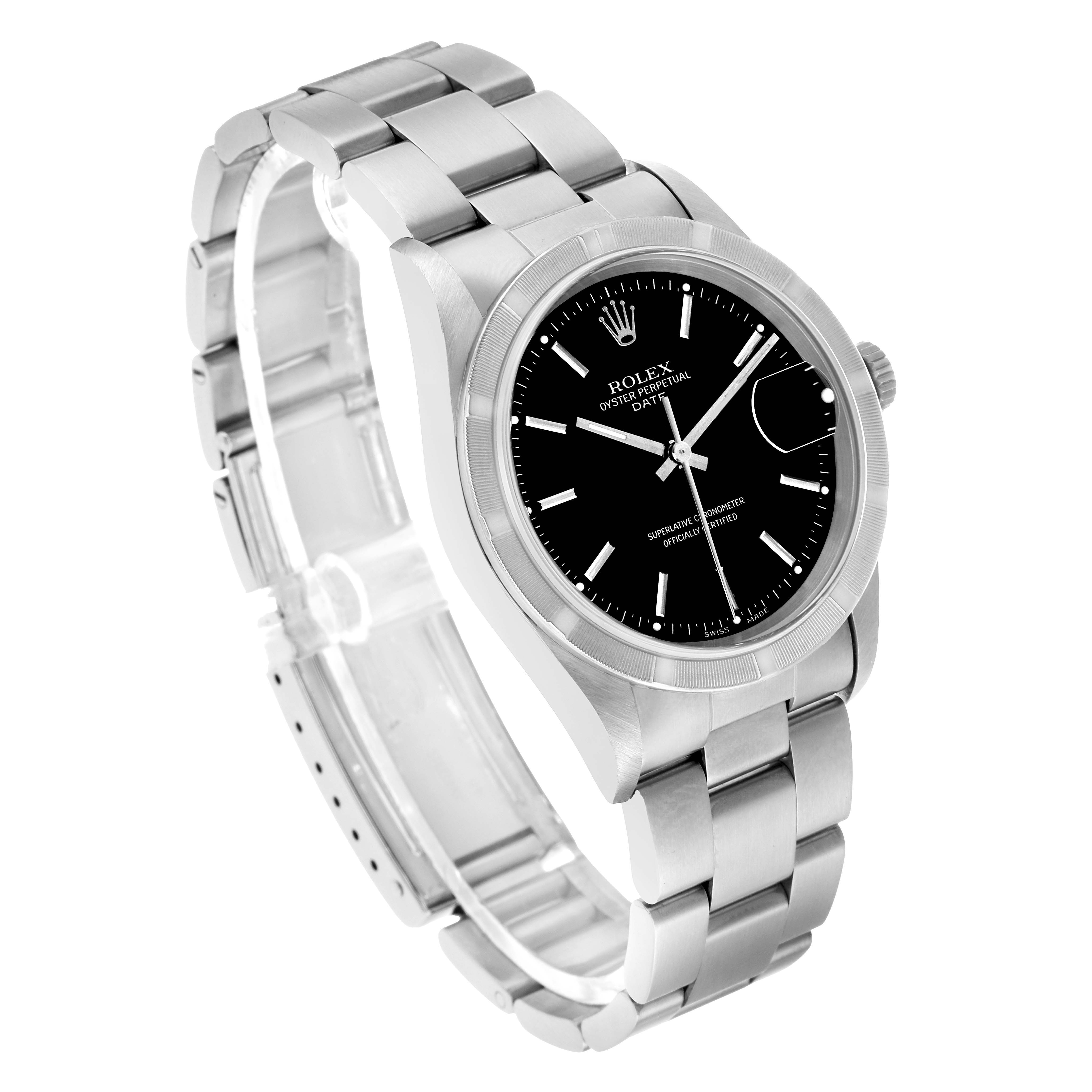 The Rolex Date 15210 Men's Stainless Steel Black Dial model is shown at a three-quarter angle, highlighting the bracelet, bezel, and black dial.