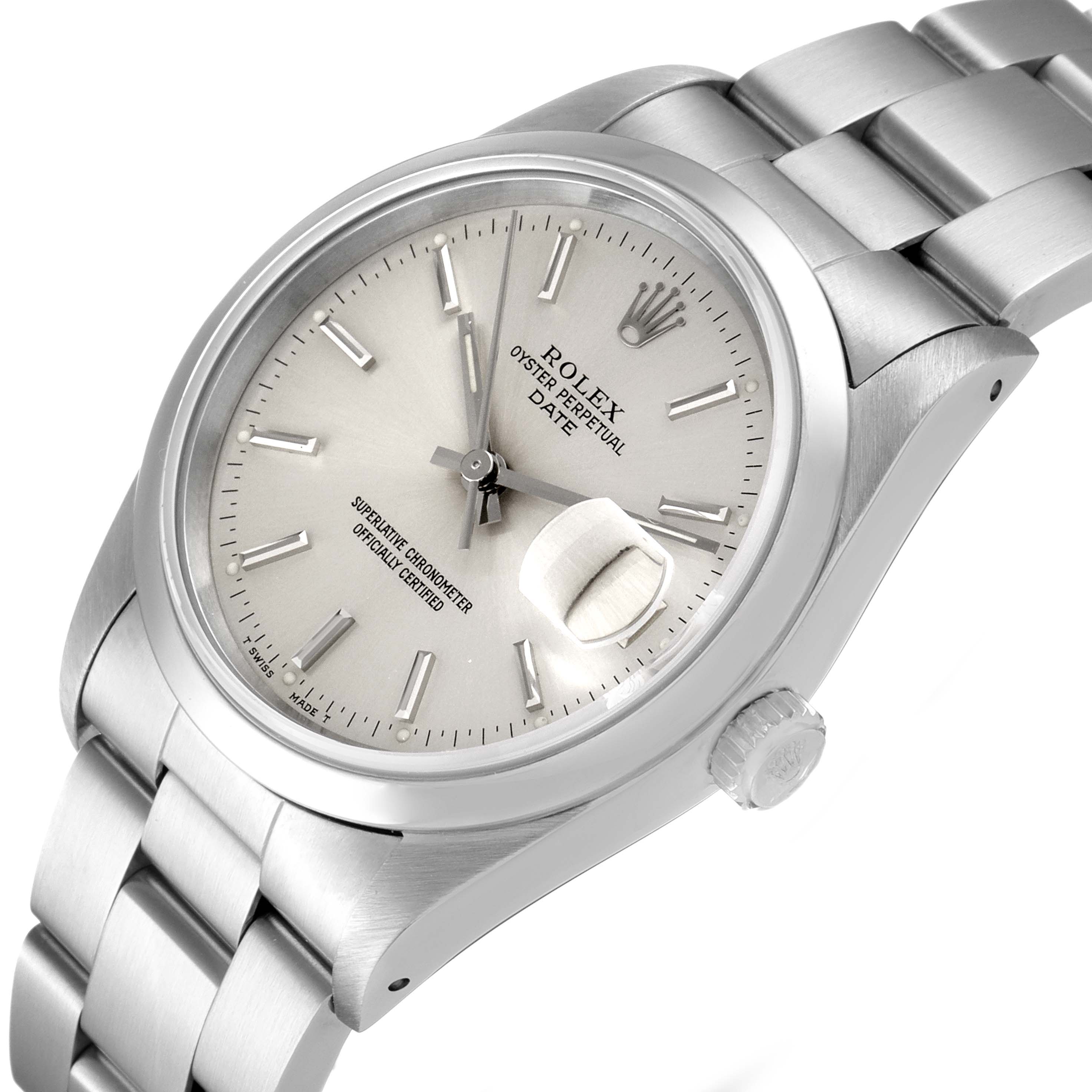 The image shows a Rolex Date 15200 Men's Stainless Steel Silver Dial 15200 Men's Stainless Steel Silver Dial model watch at an oblique angle, highlighting the dial, crown, case, and part of the bracelet.