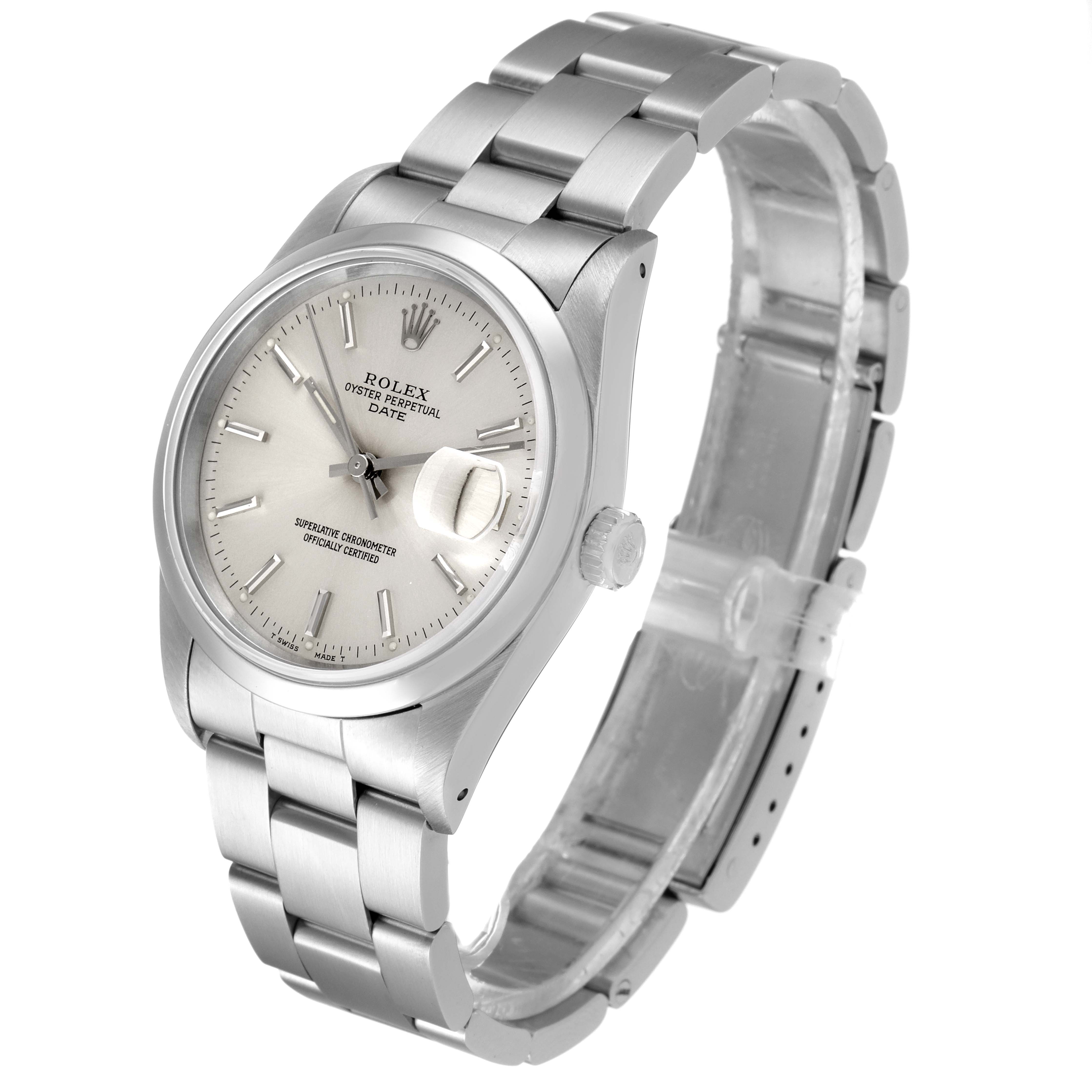 The image shows a Rolex Date 15200 Men's Stainless Steel Silver Dial 15200 Men's Stainless Steel Silver Dial model watch at an angle, highlighting the face, crown, and bracelet.