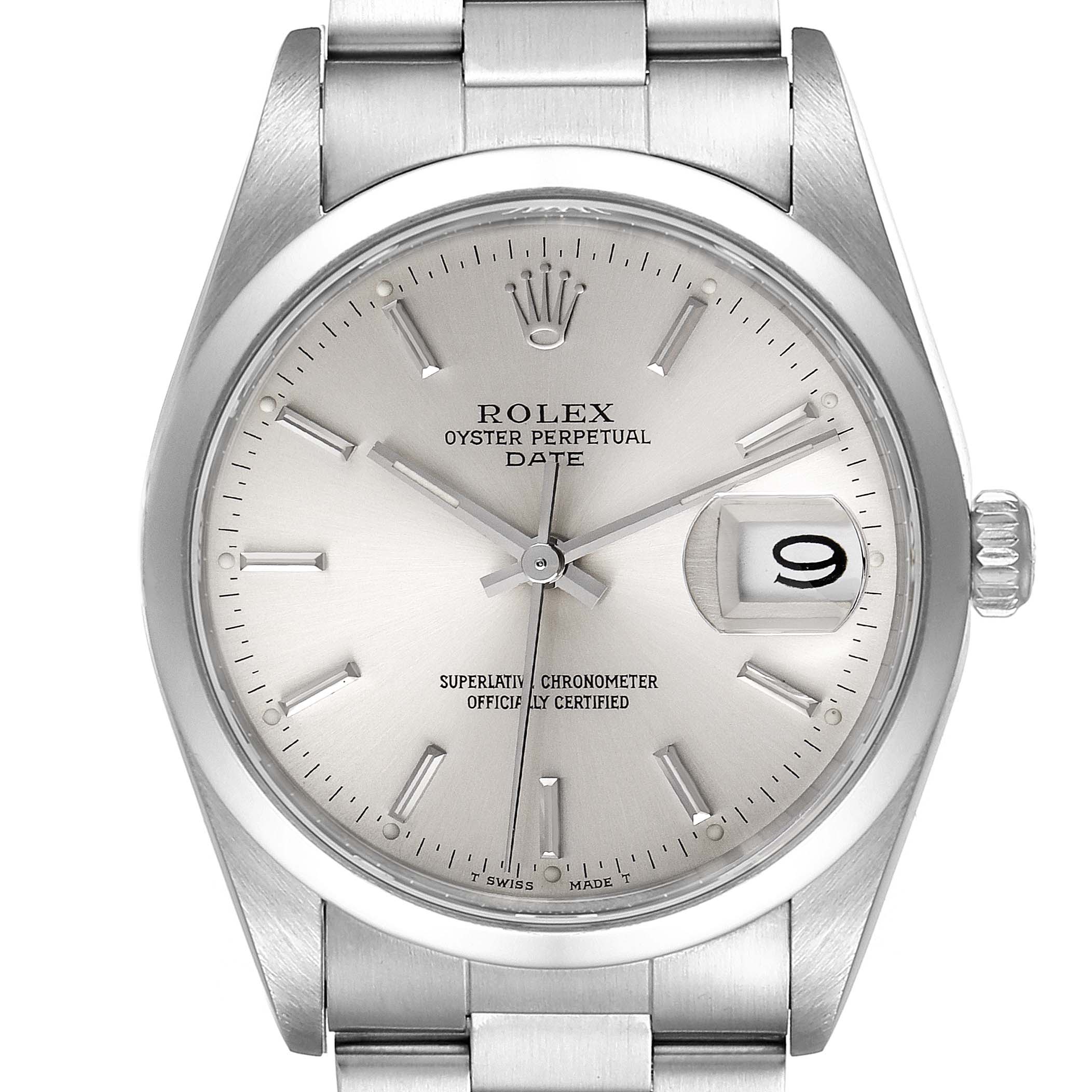 The image shows a frontal view of a Rolex Date 15200 Men's Stainless Steel Silver Dial 15200 Men's Stainless Steel Silver Dial model, highlighting its face, hour markers, hands, date window, and part of the bracelet.