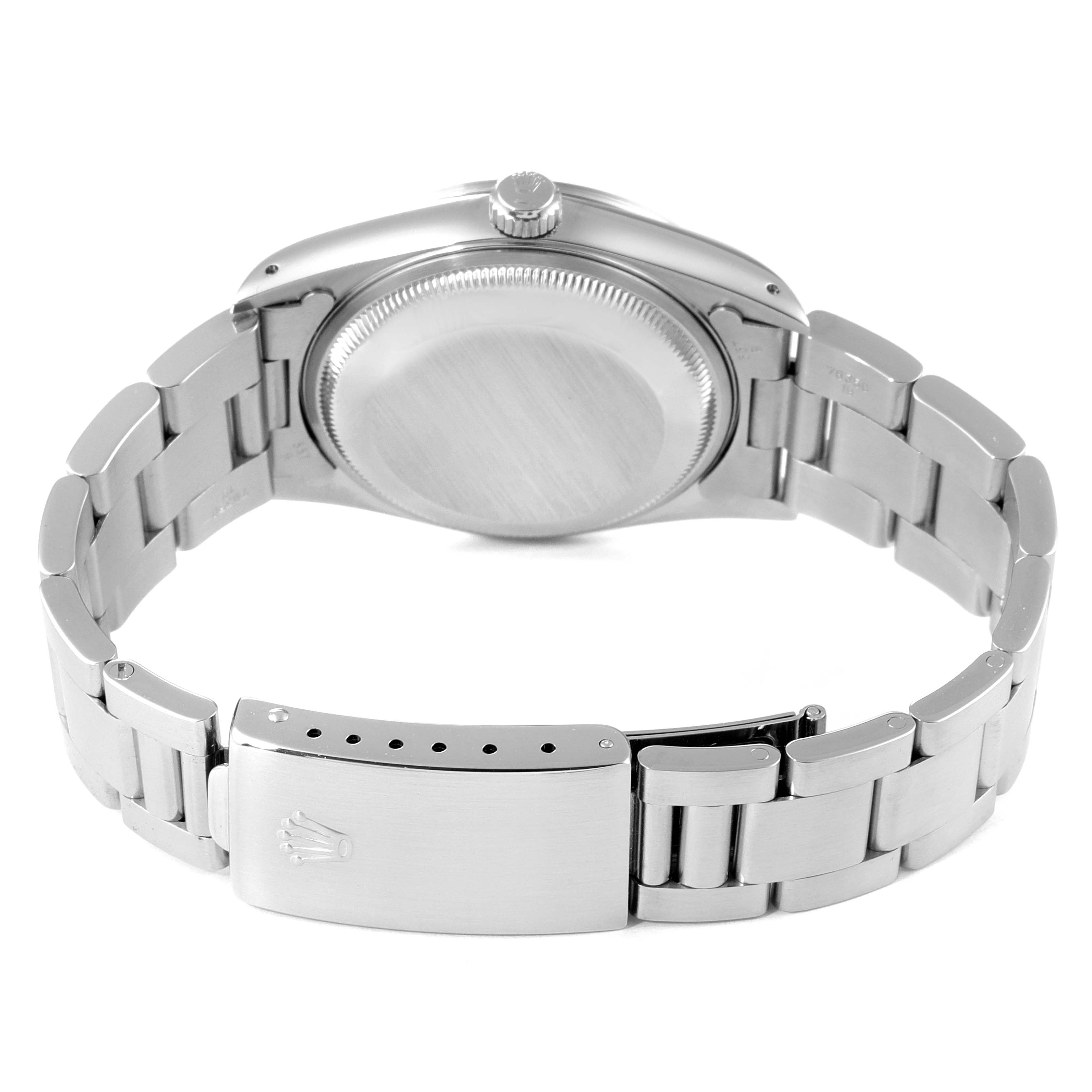 This image shows the back case and bracelet of a Rolex Date 15200 Men's Stainless Steel Silver Dial 15200 Men's Stainless Steel Silver Dial model watch from a rear angle.