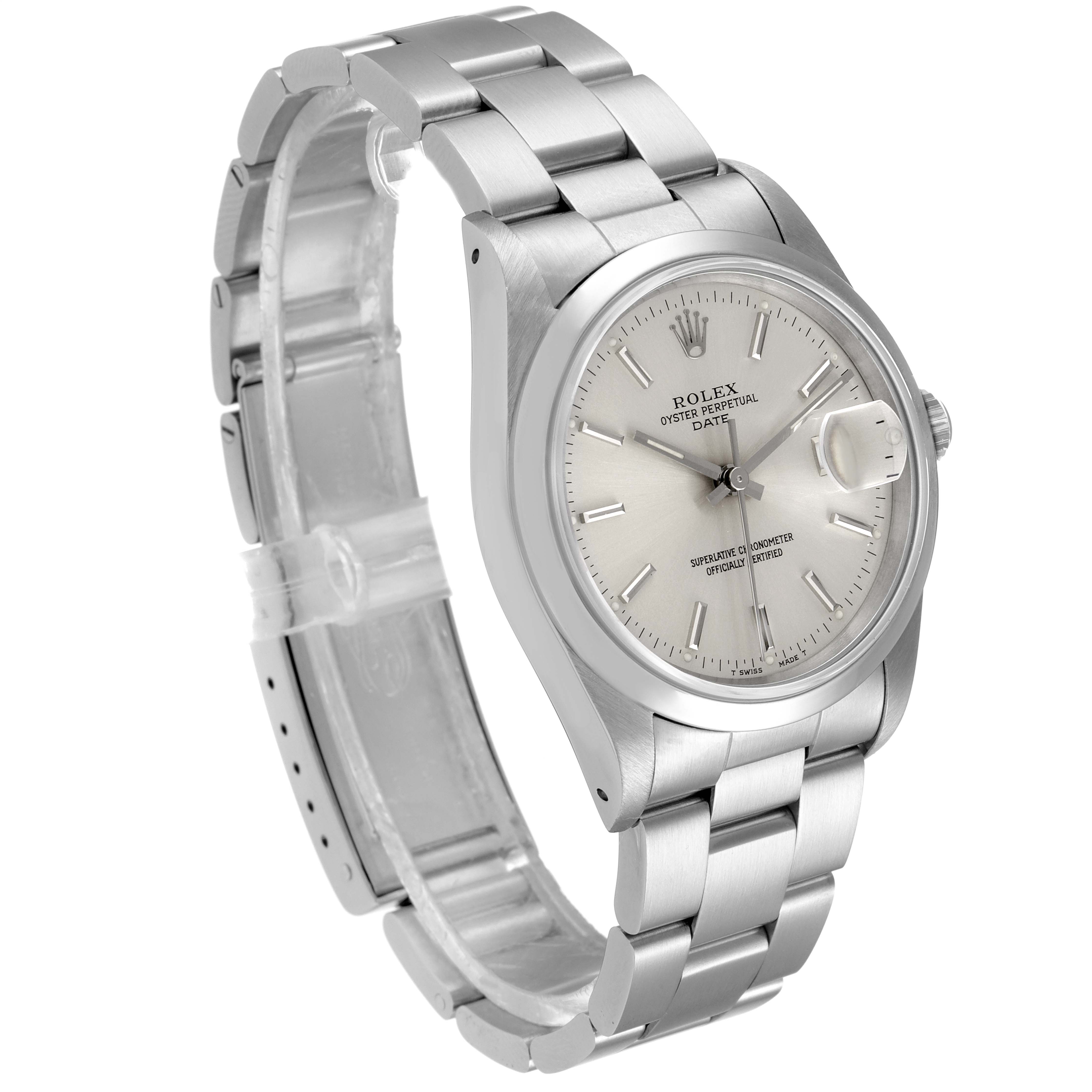 The image shows a Rolex Date 15200 Men's Stainless Steel Silver Dial 15200 Men's Stainless Steel Silver Dial watch, viewed at a three-quarter angle, highlighting the dial, bezel, and bracelet.