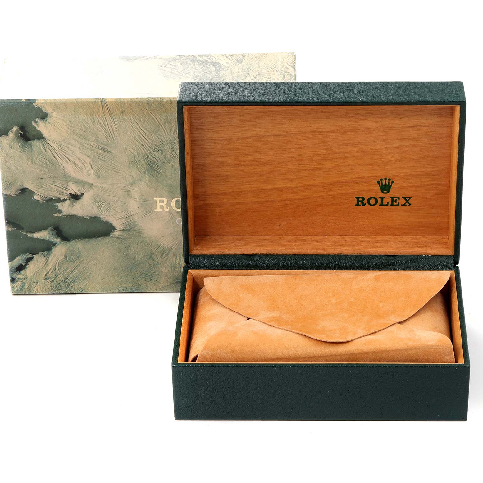 The image shows a Rolex Date 15200 Men's Stainless Steel Silver Dial 15200 Men's Stainless Steel Silver Dial model watch box with its outer packaging and beige pouch.