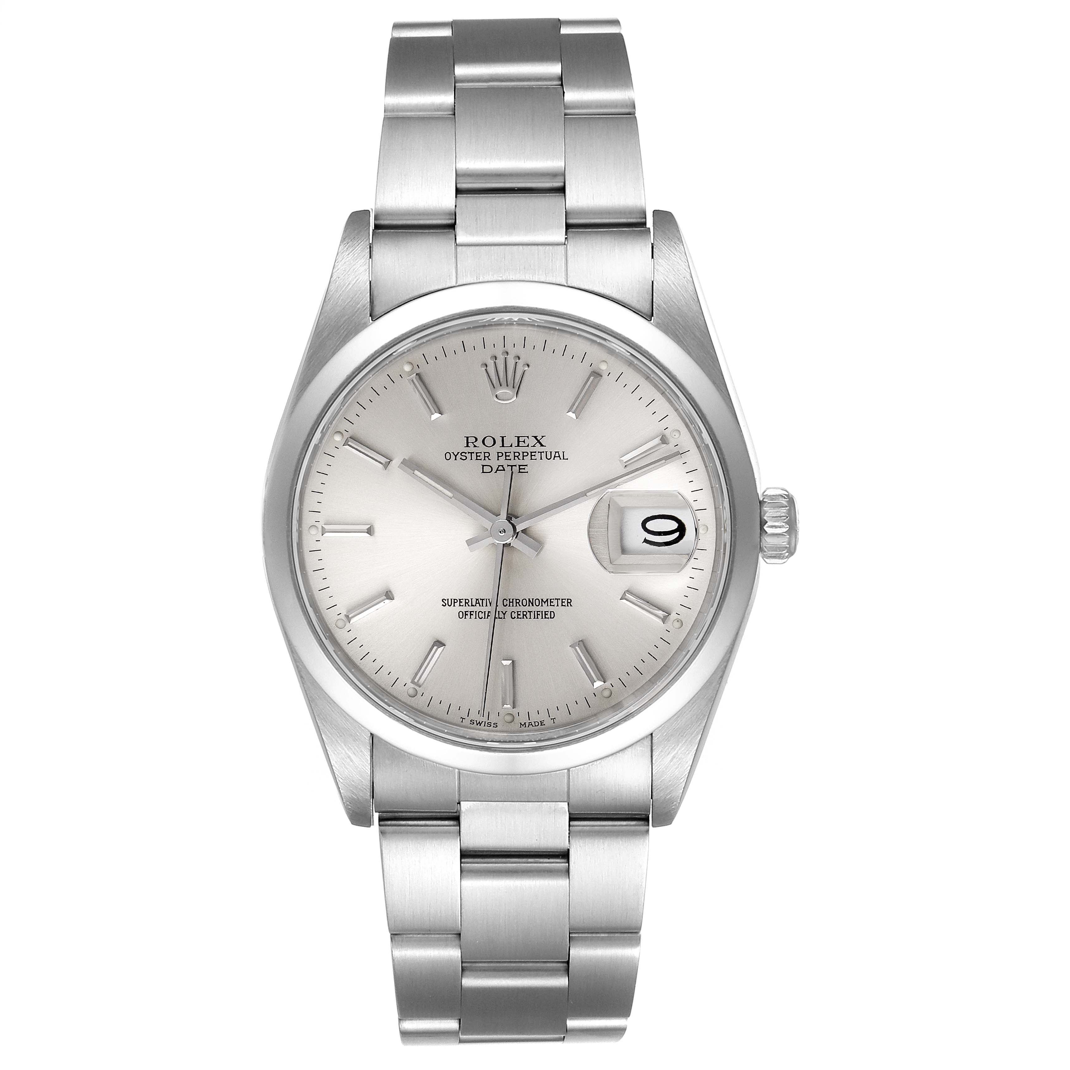 This image shows a front view of a Rolex Date 15200 Men's Stainless Steel Silver Dial 15200 Men's Stainless Steel Silver Dial model watch, highlighting the dial, hands, bracelet, and date window.