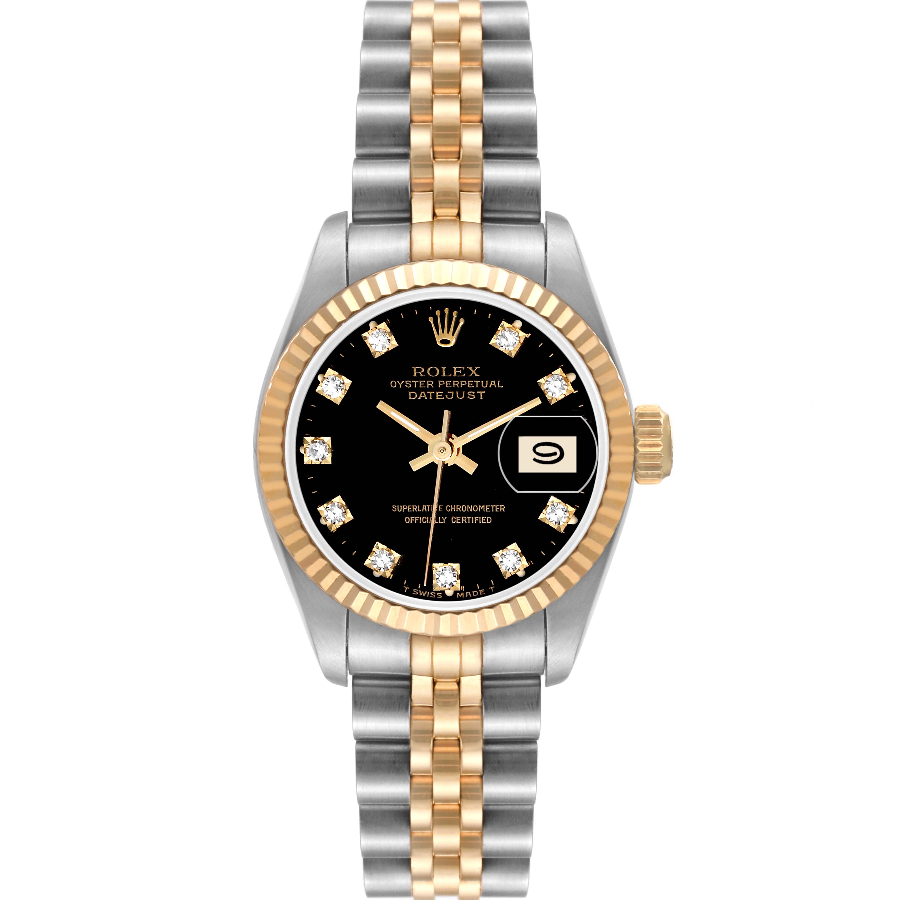 The Rolex Datejust 69173 Women's Steel and Gold (two tone) Black Dial 69173 Women's Steel and Gold (two tone) Black Dial watch is shown from a top-down angle, displaying the face, bezel, crown, and two-tone bracelet.