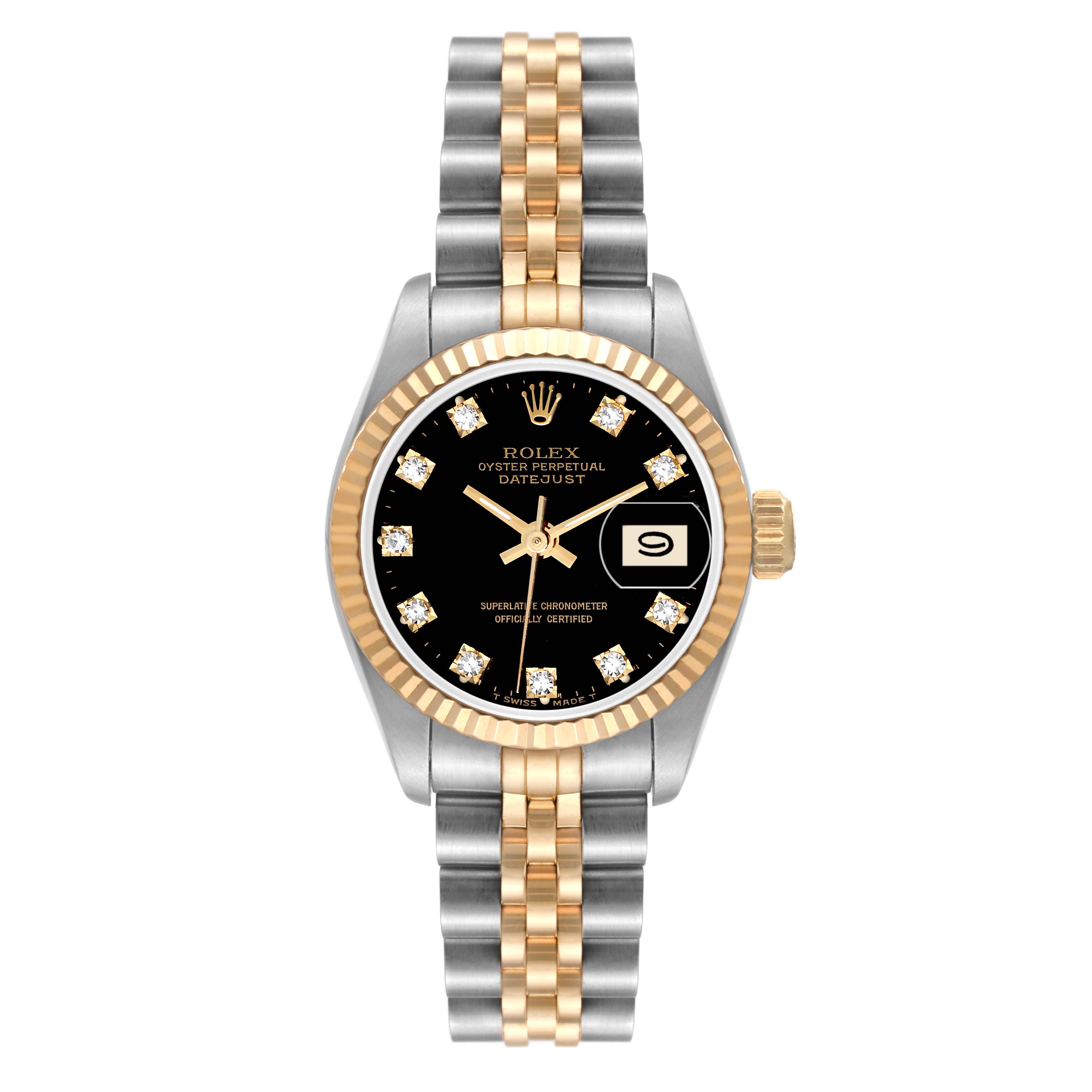 This Rolex Datejust 69173 Women's Steel and Gold (two tone) Black Dial 69173 Women's Steel and Gold (two tone) Black Dial watch is shown from a top-down angle, displaying the dial, bezel, and bracelet.