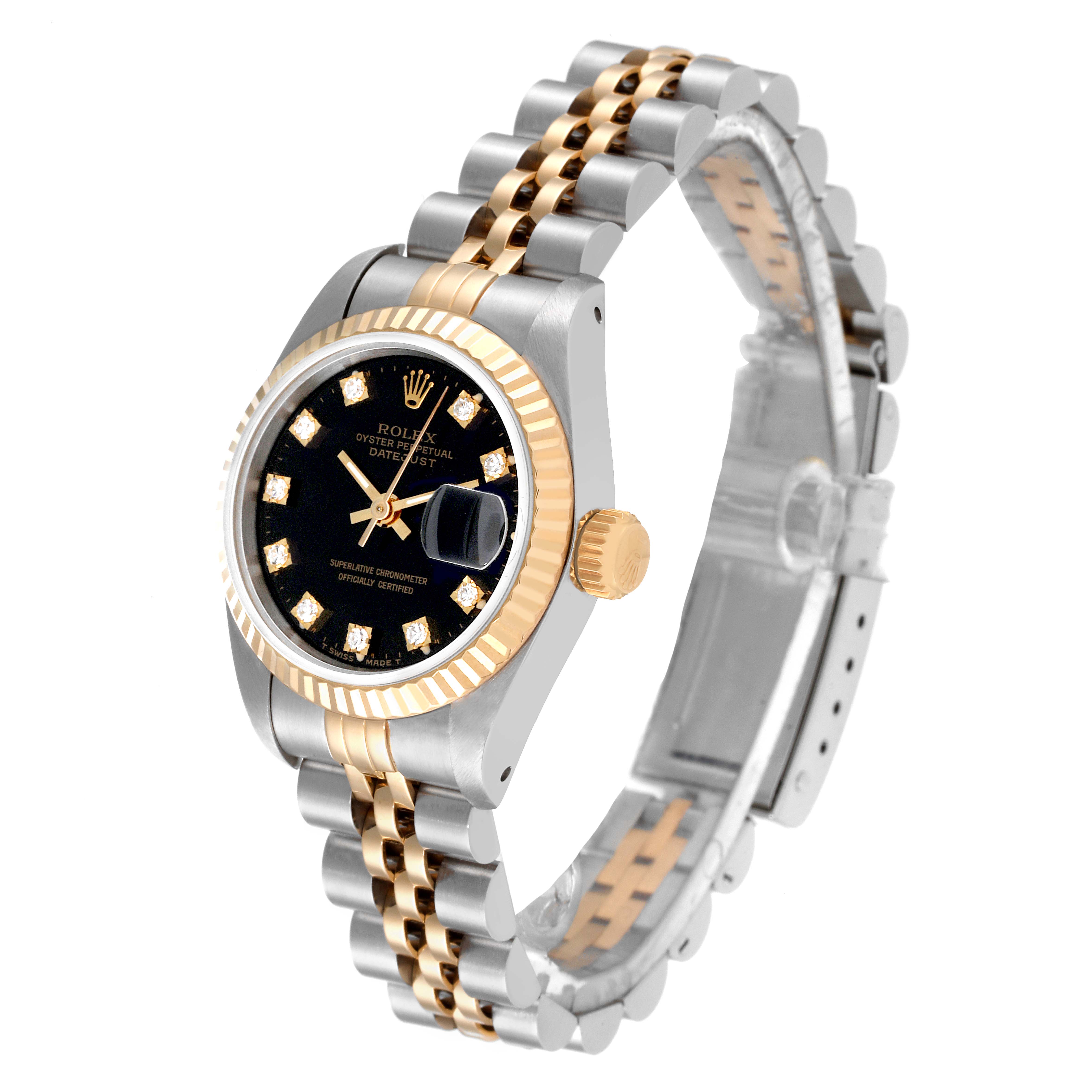 The Rolex Datejust 69173 Women's Steel and Gold (two tone) Black Dial 69173 Women's Steel and Gold (two tone) Black Dial watch is shown from a 3/4 angle, highlighting its bezel, crown, dial, and bracelet.