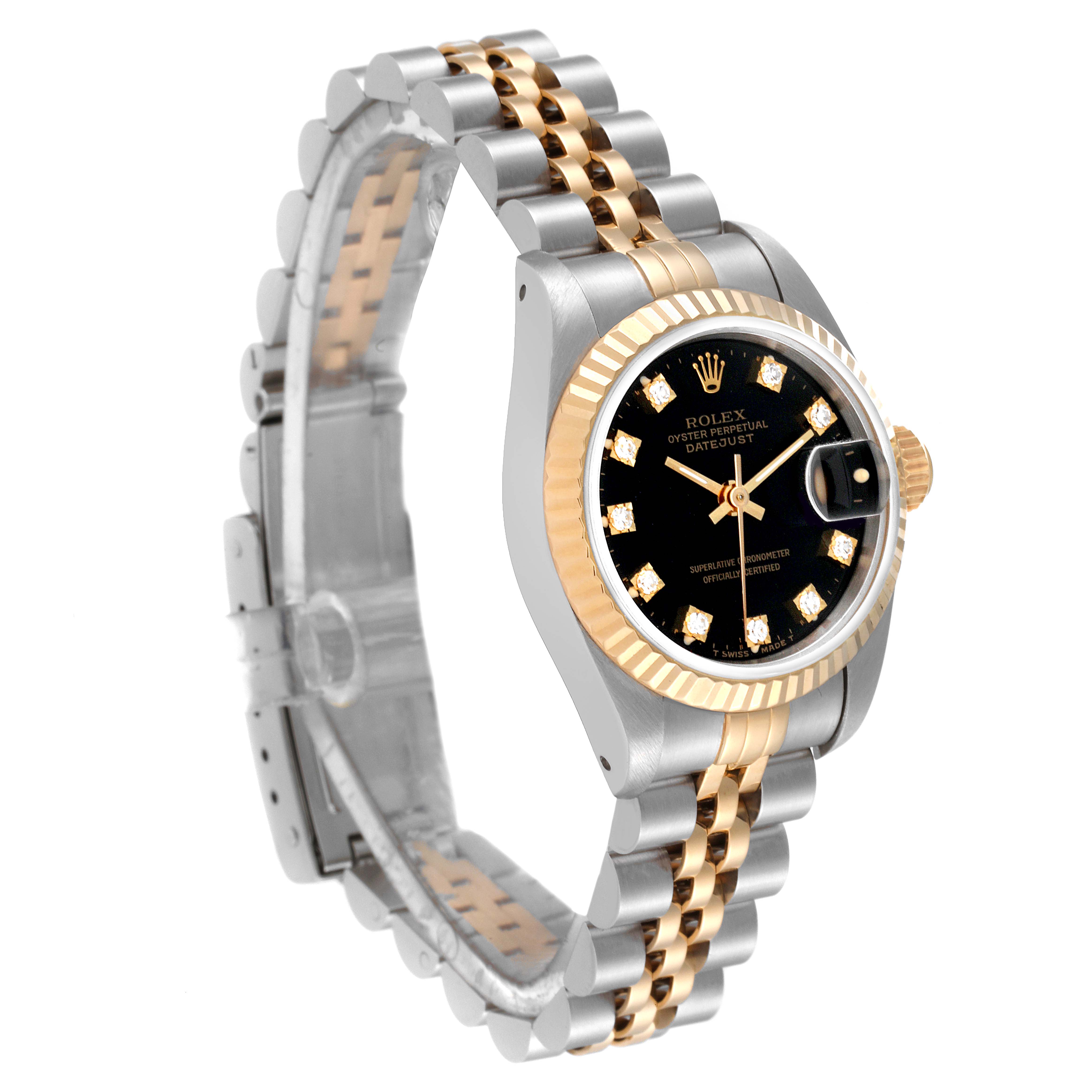 The Rolex Datejust 69173 Women's Steel and Gold (two tone) Black Dial 69173 Women's Steel and Gold (two tone) Black Dial watch is shown at an angle displaying its black diamond-set dial and two-tone metal bracelet.