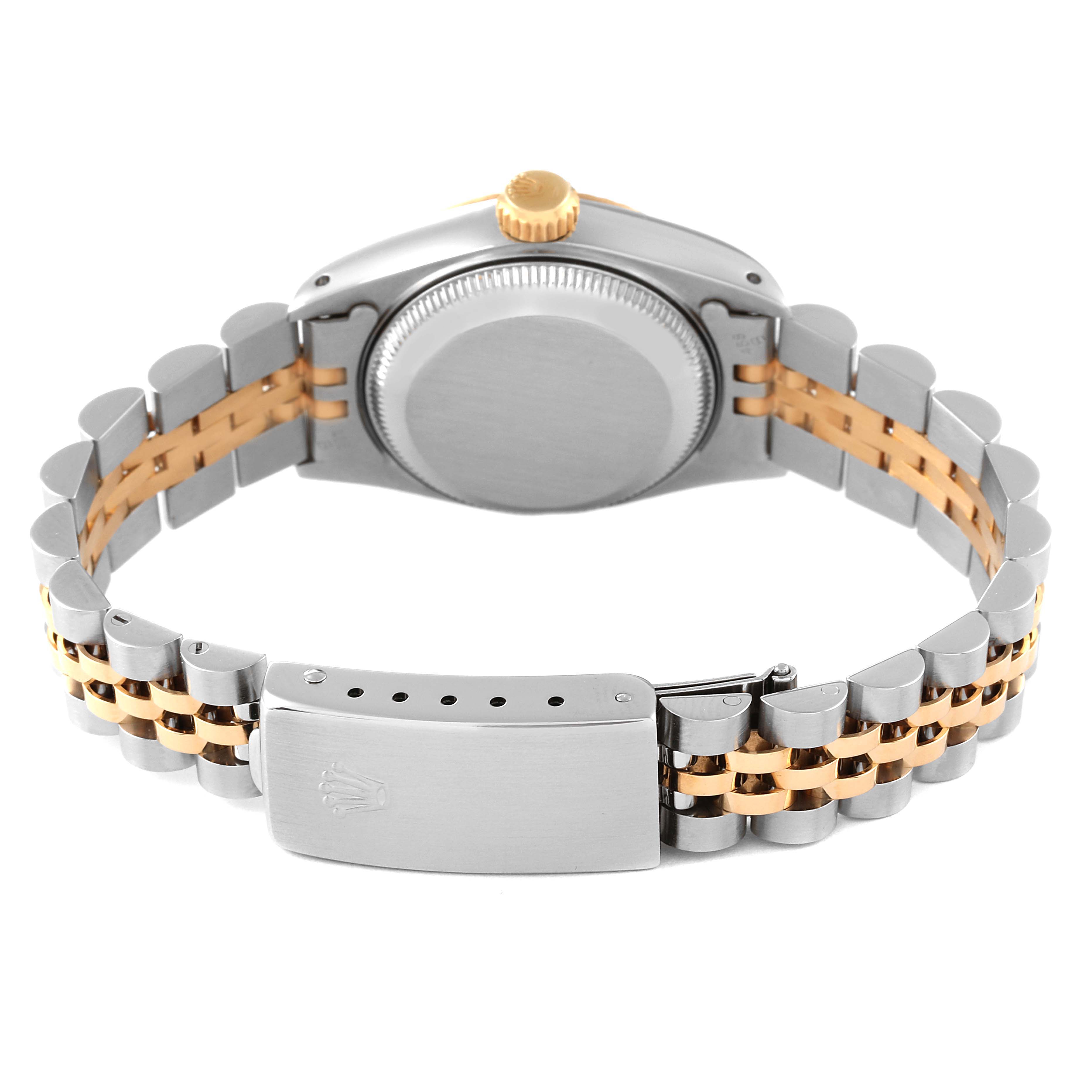 This image shows the back case, crown, and strap of the Rolex Datejust 69173 Women's Steel and Gold (two tone) Black Dial 69173 Women's Steel and Gold (two tone) Black Dial watch from a rear angle.