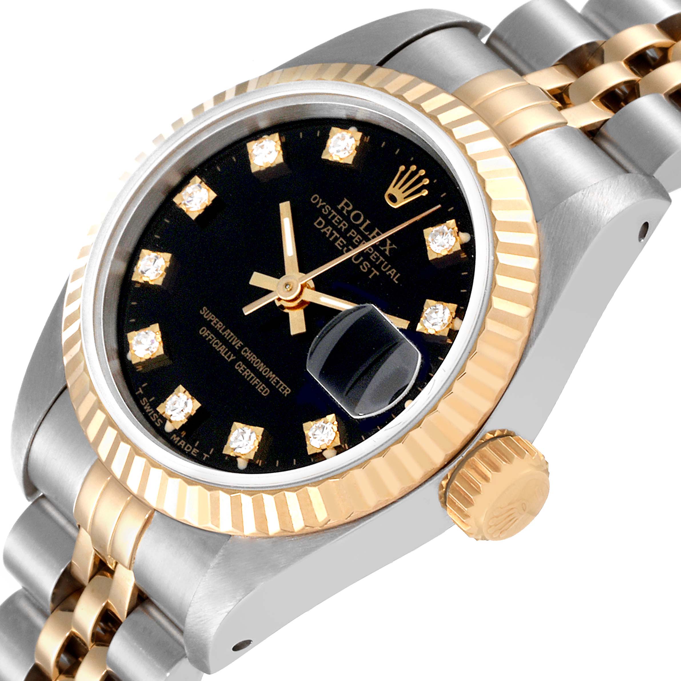 The image shows a Rolex Datejust 69173 Women's Steel and Gold (two tone) Black Dial 69173 Women's Steel and Gold (two tone) Black Dial watch at an angle highlighting the watch face, bezel, crown, and part of the bracelet.