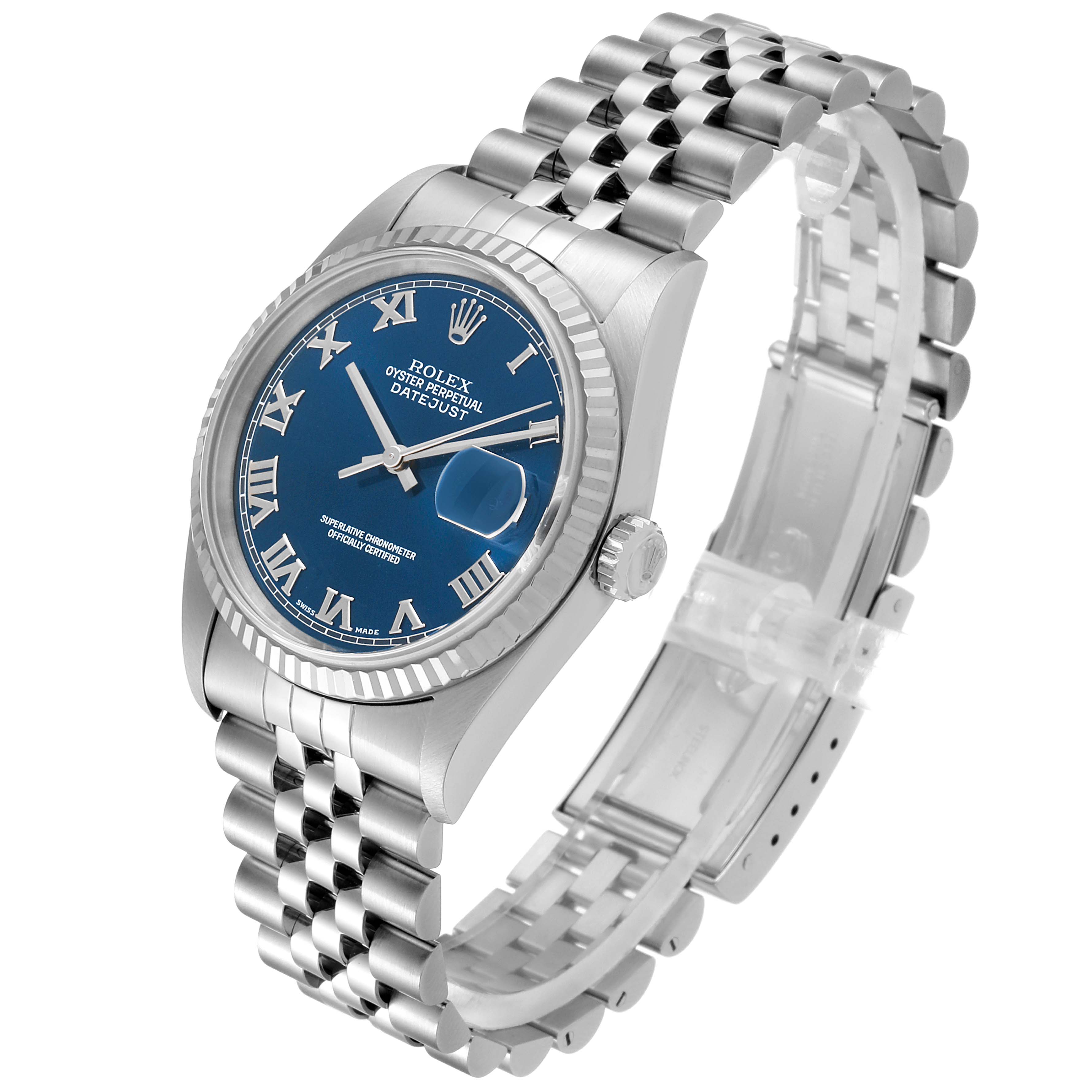 This image shows a Rolex Datejust 16234 Men's Stainless Steel Blue Dial 16234 Men's Stainless Steel Blue Dial watch at a slight angle, highlighting the blue dial, fluted bezel, and Jubilee bracelet.
