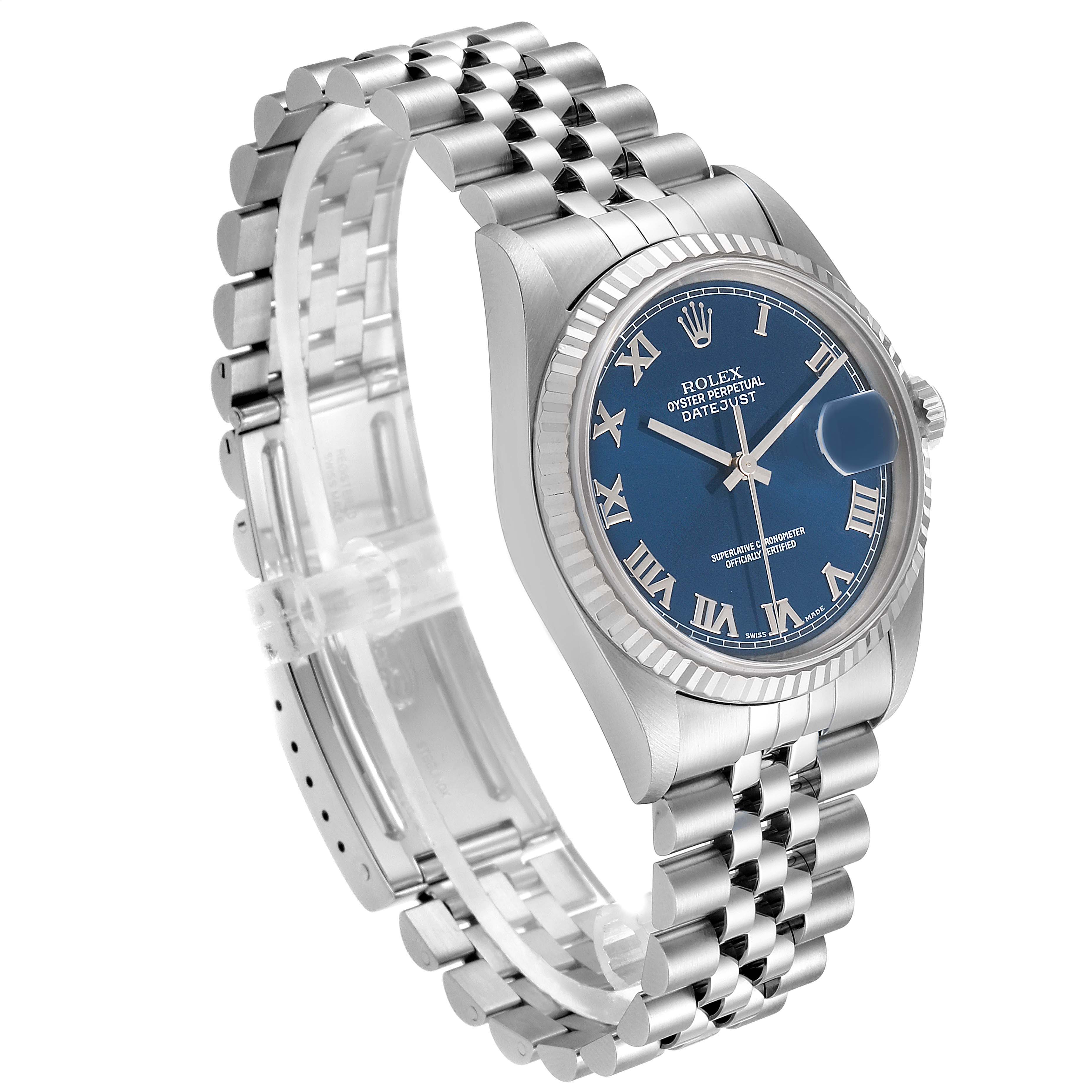 The image shows a Rolex Datejust 16234 Men's Stainless Steel Blue Dial 16234 Men's Stainless Steel Blue Dial watch at a 3/4 angle, highlighting the bracelet, blue dial, and fluted bezel.