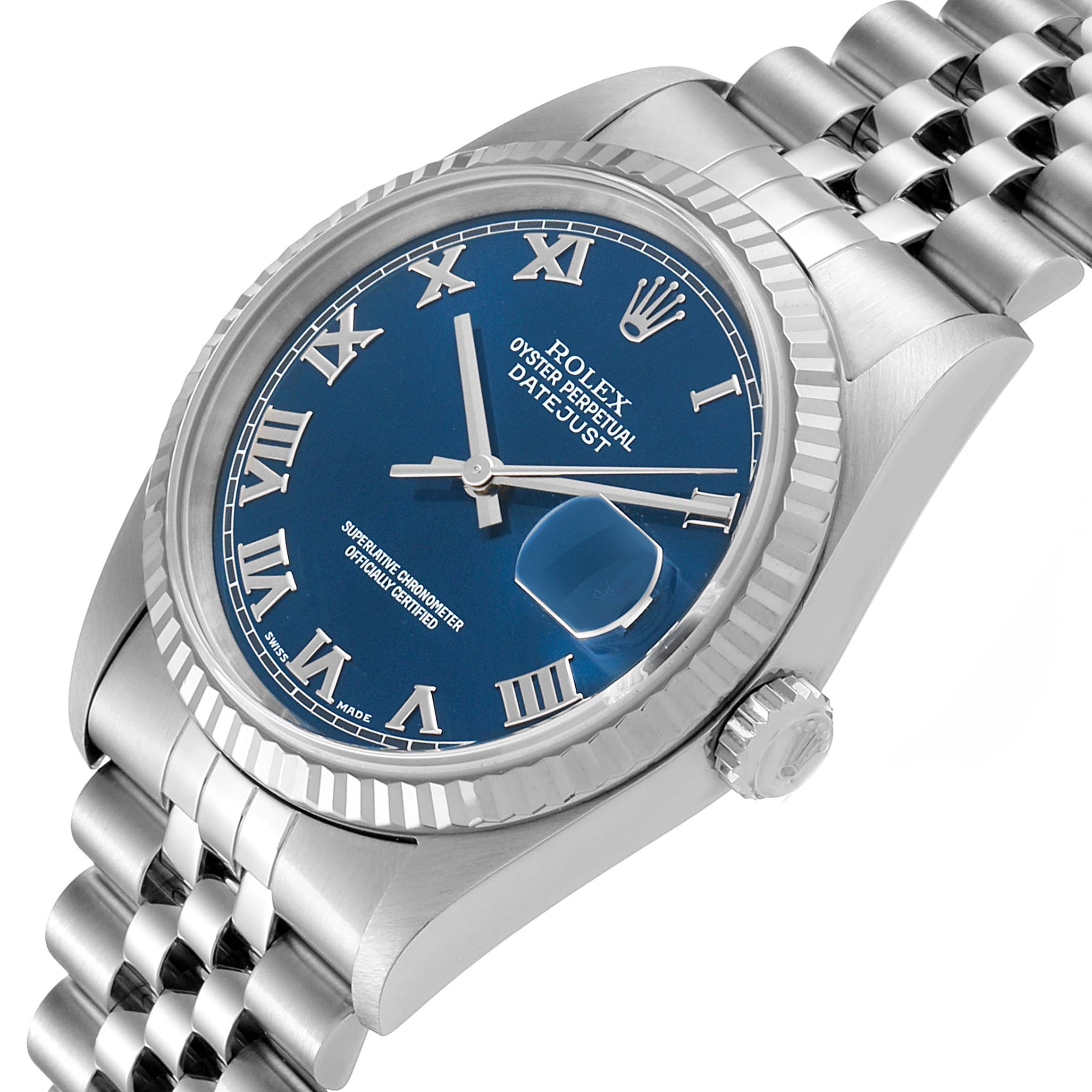 This image shows a Rolex Datejust 16234 Men's Stainless Steel Blue Dial 16234 Men's Stainless Steel Blue Dial watch from a slight angle, highlighting the dial, bezel, crown, and bracelet.