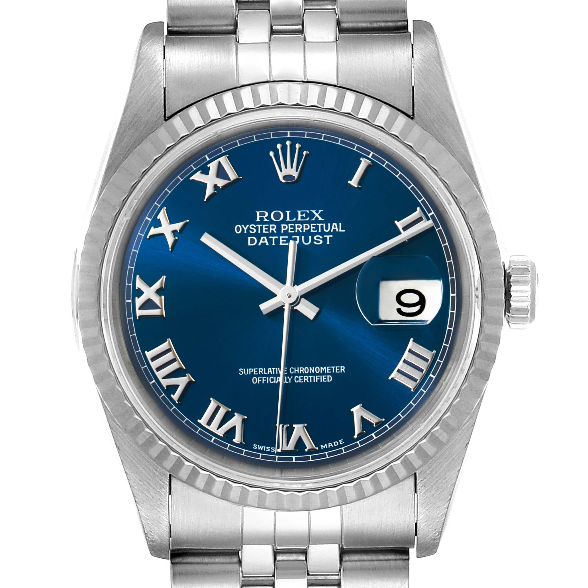 This is a close-up front view of the Rolex Datejust 16234 Men's Stainless Steel Blue Dial 16234 Men's Stainless Steel Blue Dial watch, showing the dial, bezel, hands, and part of the bracelet.