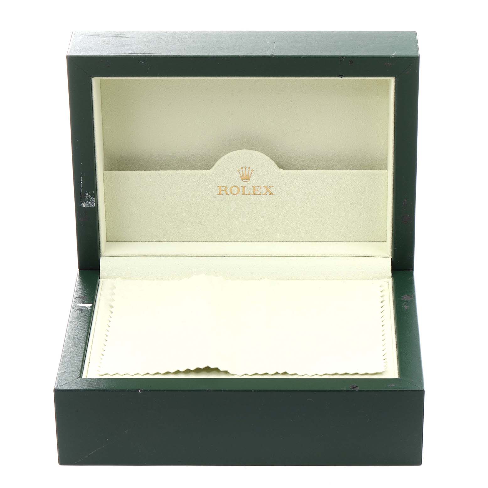 The image shows an empty green and beige Rolex watch box for a Datejust model, including a cleaning cloth.