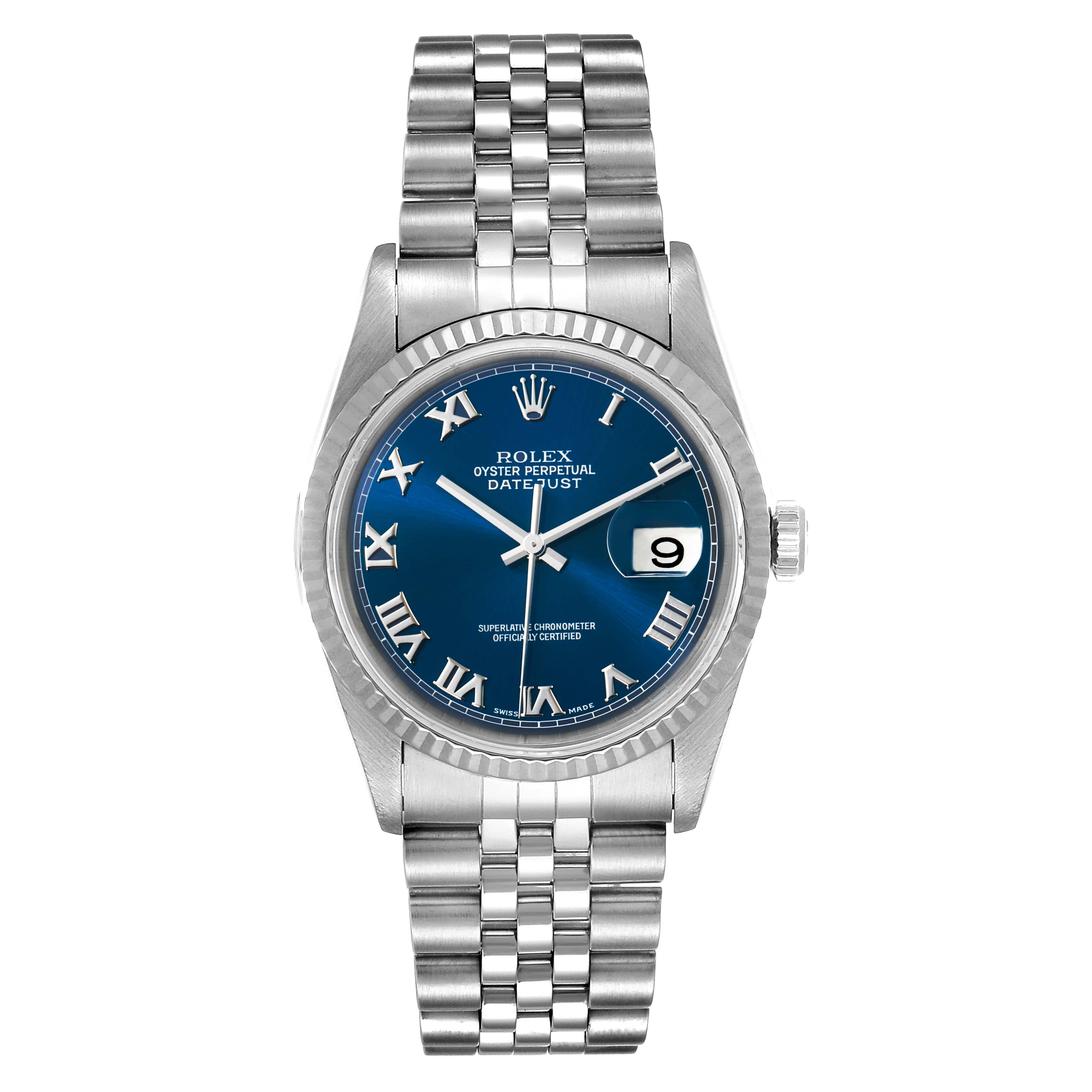 This is a frontal view of a Rolex Datejust 16234 Men's Stainless Steel Blue Dial 16234 Men's Stainless Steel Blue Dial watch, showing its blue dial, Roman numerals, fluted bezel, and Oystersteel bracelet.