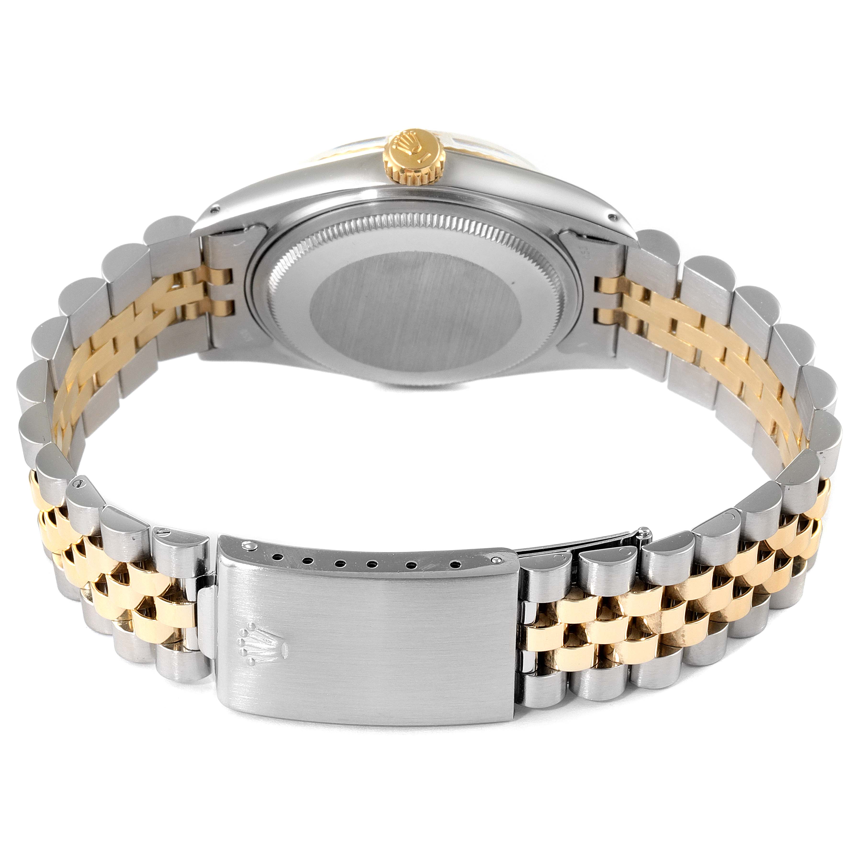 The image shows the back view of a Rolex Vintage Collection 16013 Men's Steel and Gold (two tone) Champagne Dial 16013 Men's Steel and Gold (two tone) Champagne Dial watch, highlighting its case, crown, and two-tone bracelet with clasp.