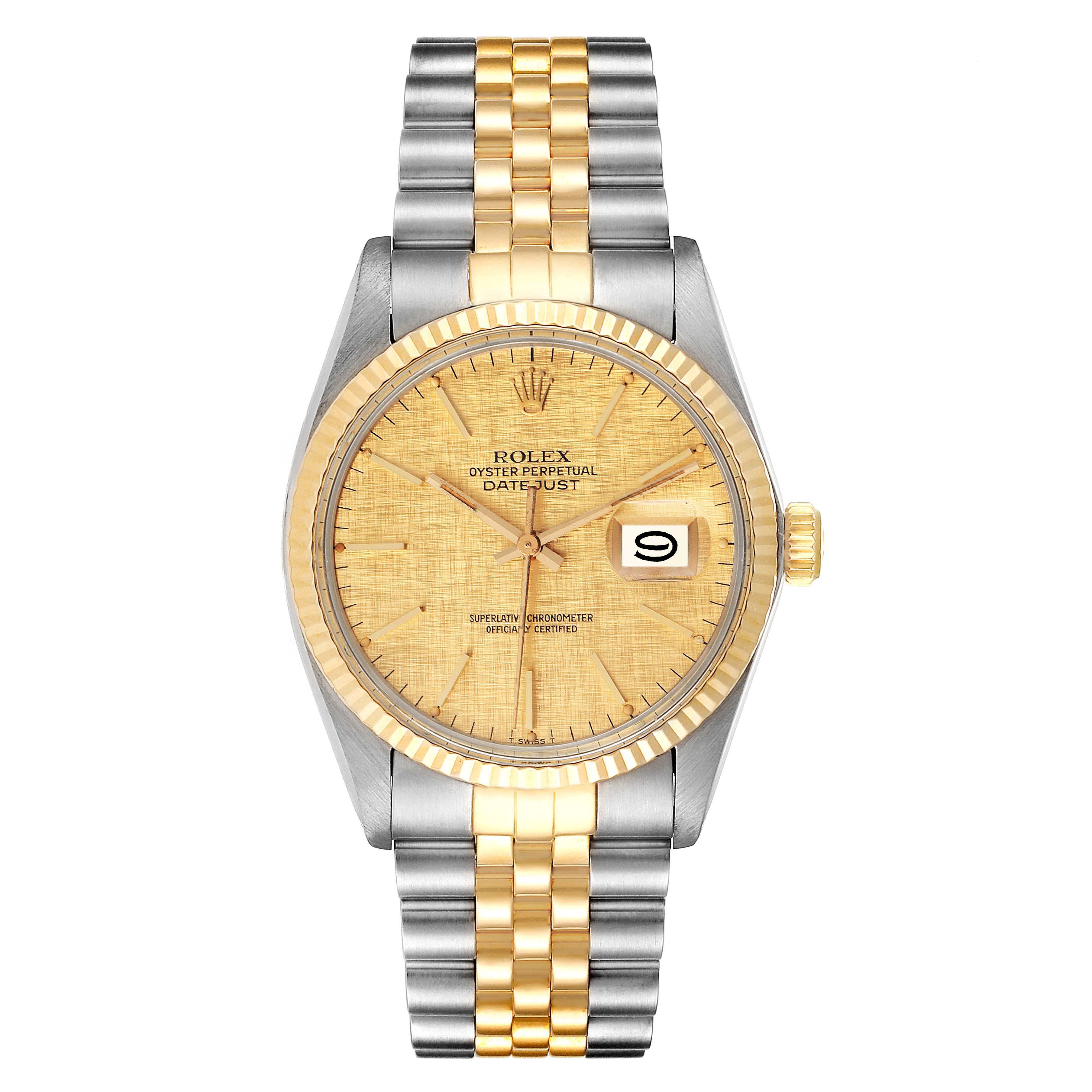 This image shows a Rolex Vintage Collection 16013 Men's Steel and Gold (two tone) Champagne Dial 16013 Men's Steel and Gold (two tone) Champagne Dial Datejust watch with a gold and silver bracelet, gold bezel, and date display at 3 o'clock.