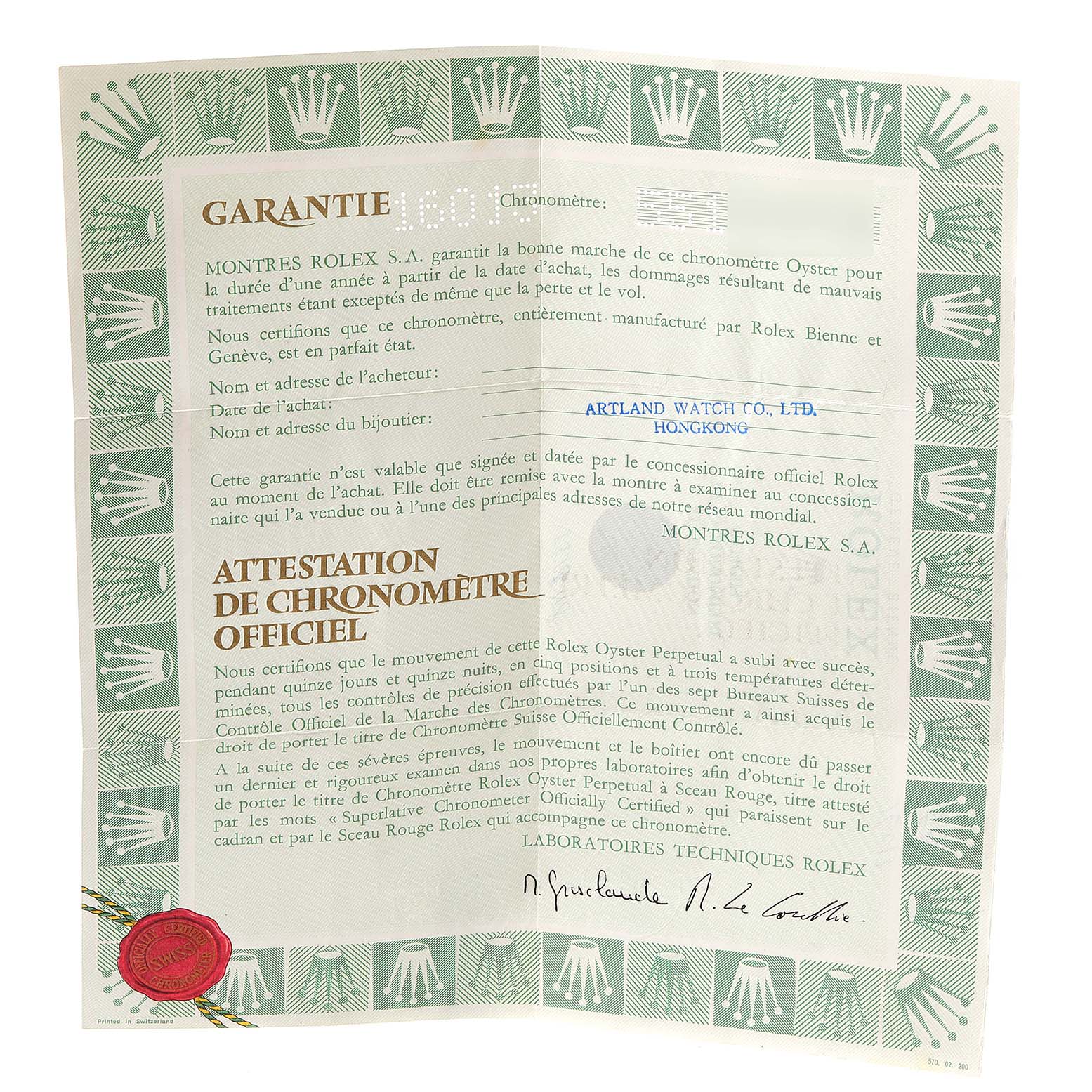 This image shows a warranty and chronometer certificate for a Vintage Collection model by Rolex.
