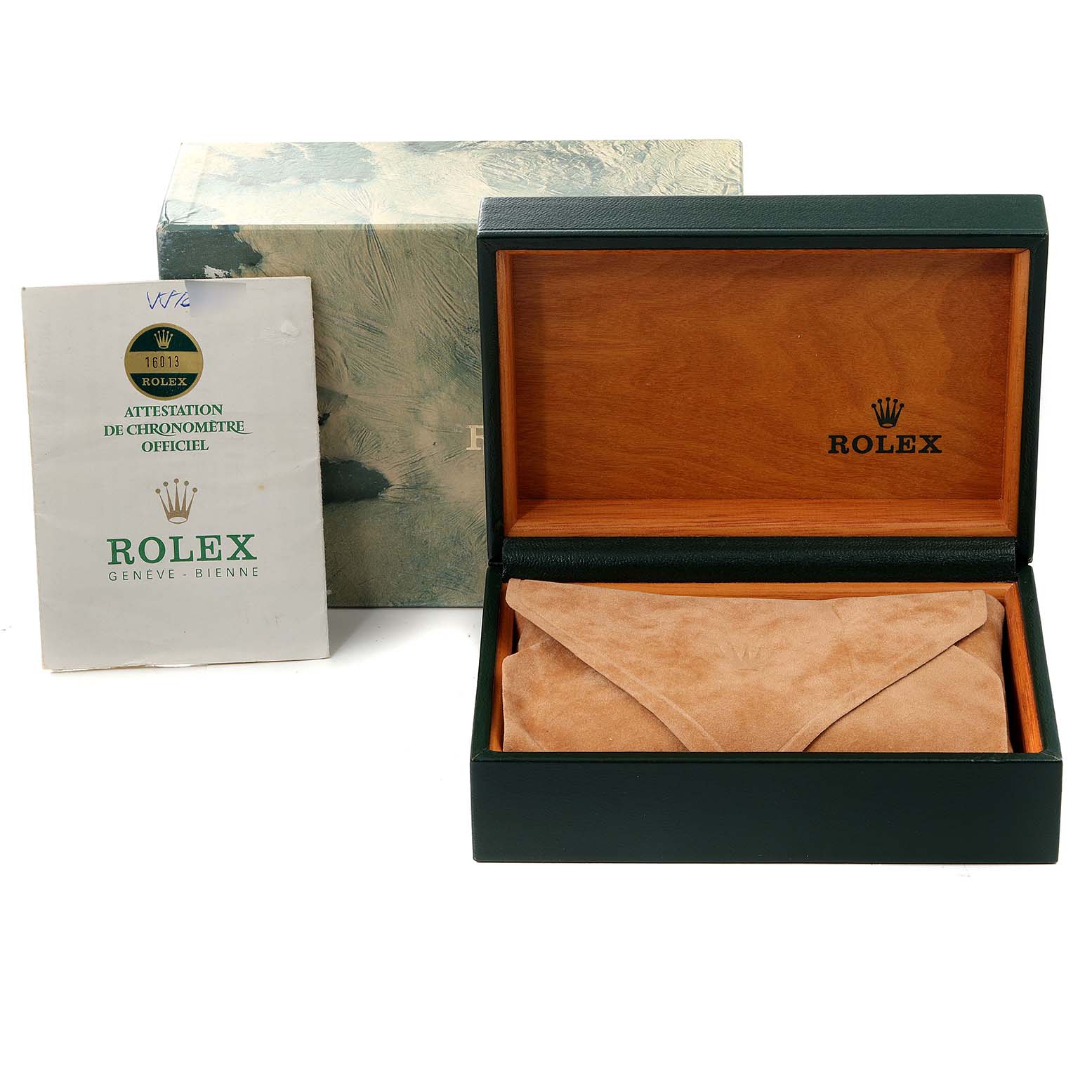 The image shows the packaging, certification, and box for a Rolex Vintage Collection 16013 Men's Steel and Gold (two tone) Champagne Dial 16013 Men's Steel and Gold (two tone) Champagne Dial watch.