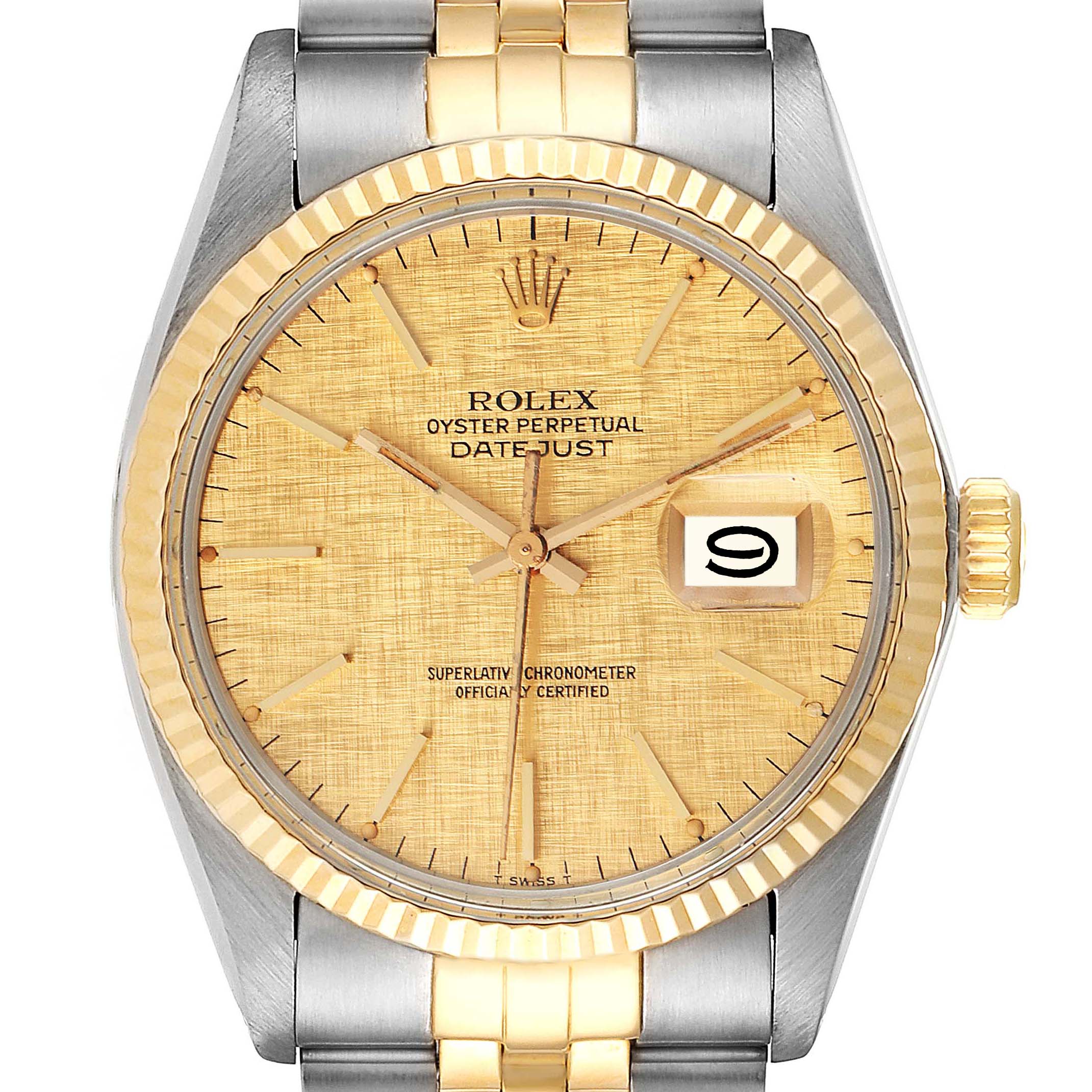 The Rolex Vintage Collection 16013 Men's Steel and Gold (two tone) Champagne Dial 16013 Men's Steel and Gold (two tone) Champagne Dial model shows a close-up front view, displaying the face, dial, date window, and part of the bracelet.