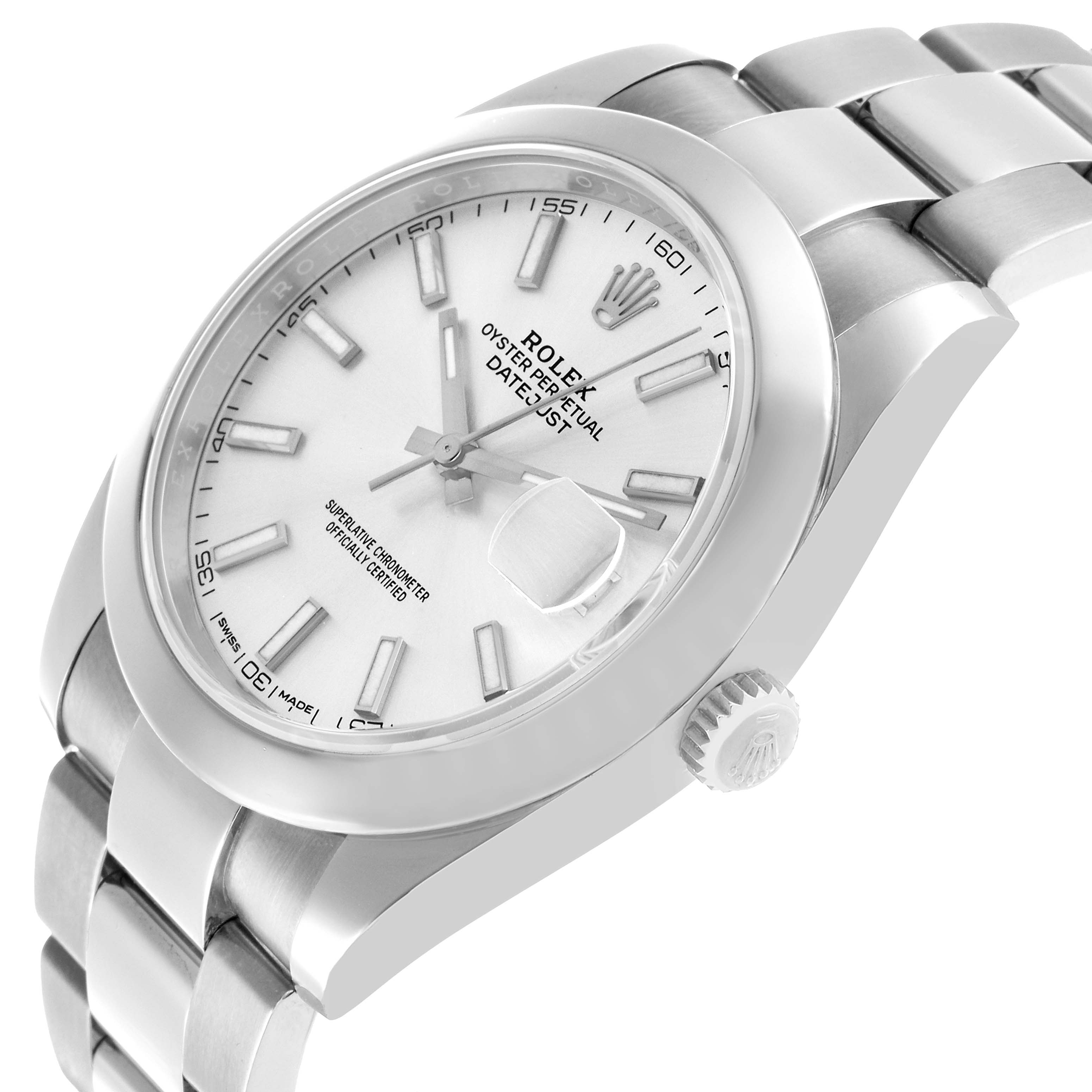The image shows a side angle of a Rolex Datejust 41 126300 Men's Stainless Steel Silver Dial, highlighting the dial, bezel, crown, and bracelet.