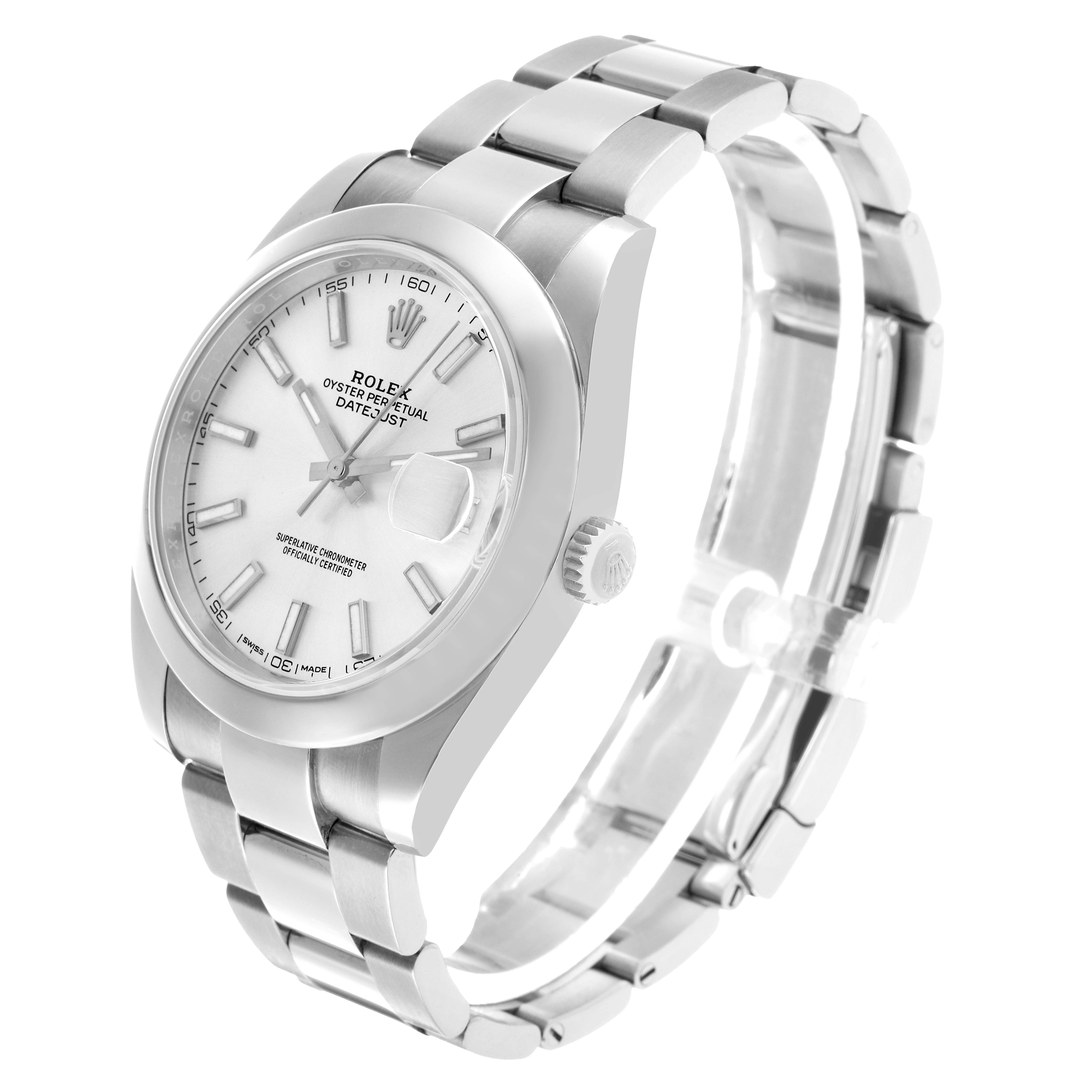 The Rolex Datejust 41 126300 Men's Stainless Steel Silver Dial is shown at a three-quarter angle, highlighting the white dial, bracelet, and side crown.