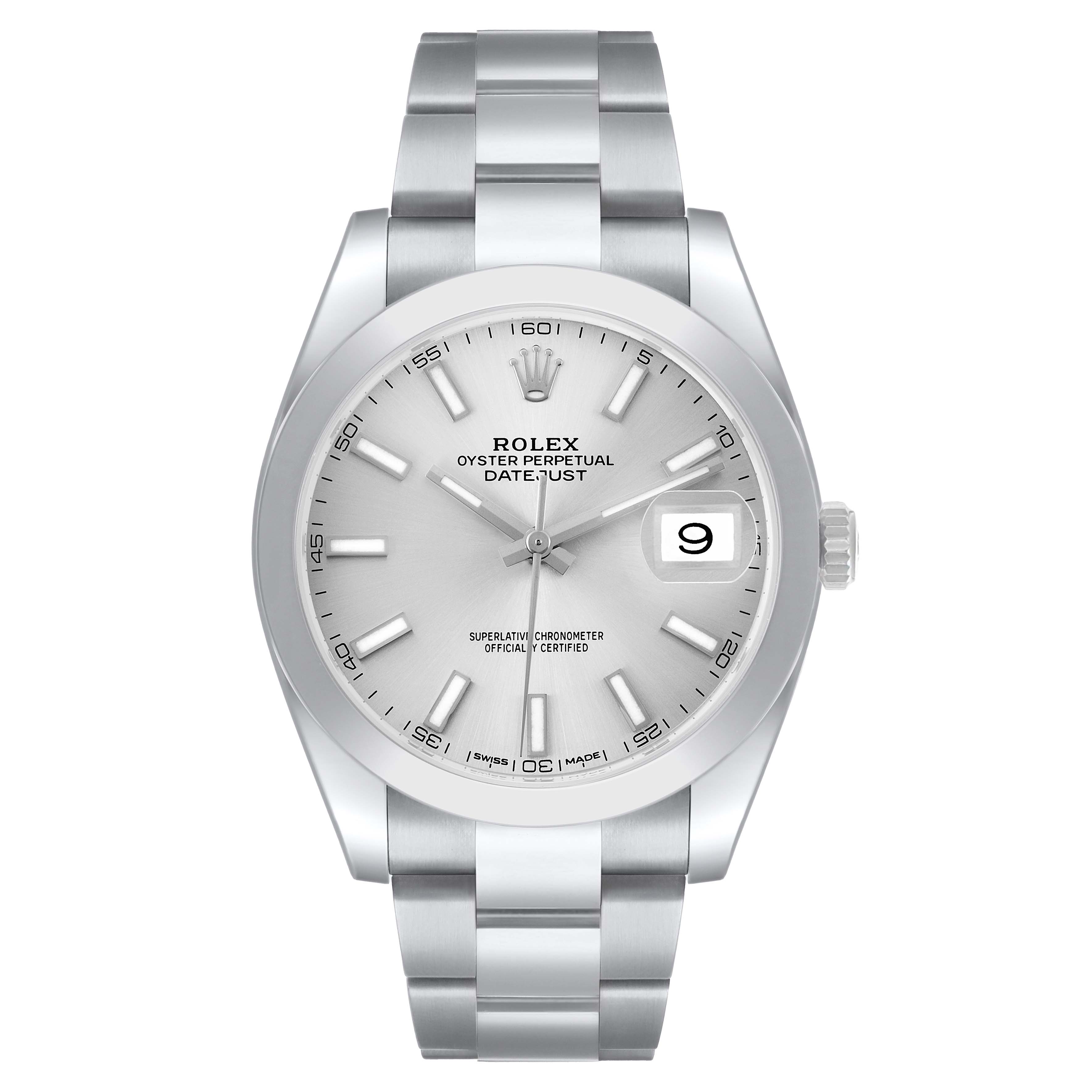 The Rolex Datejust 41 126300 Men's Stainless Steel Silver Dial is shown from a front angle, displaying its face, dial, hands, bracelet, and date window.