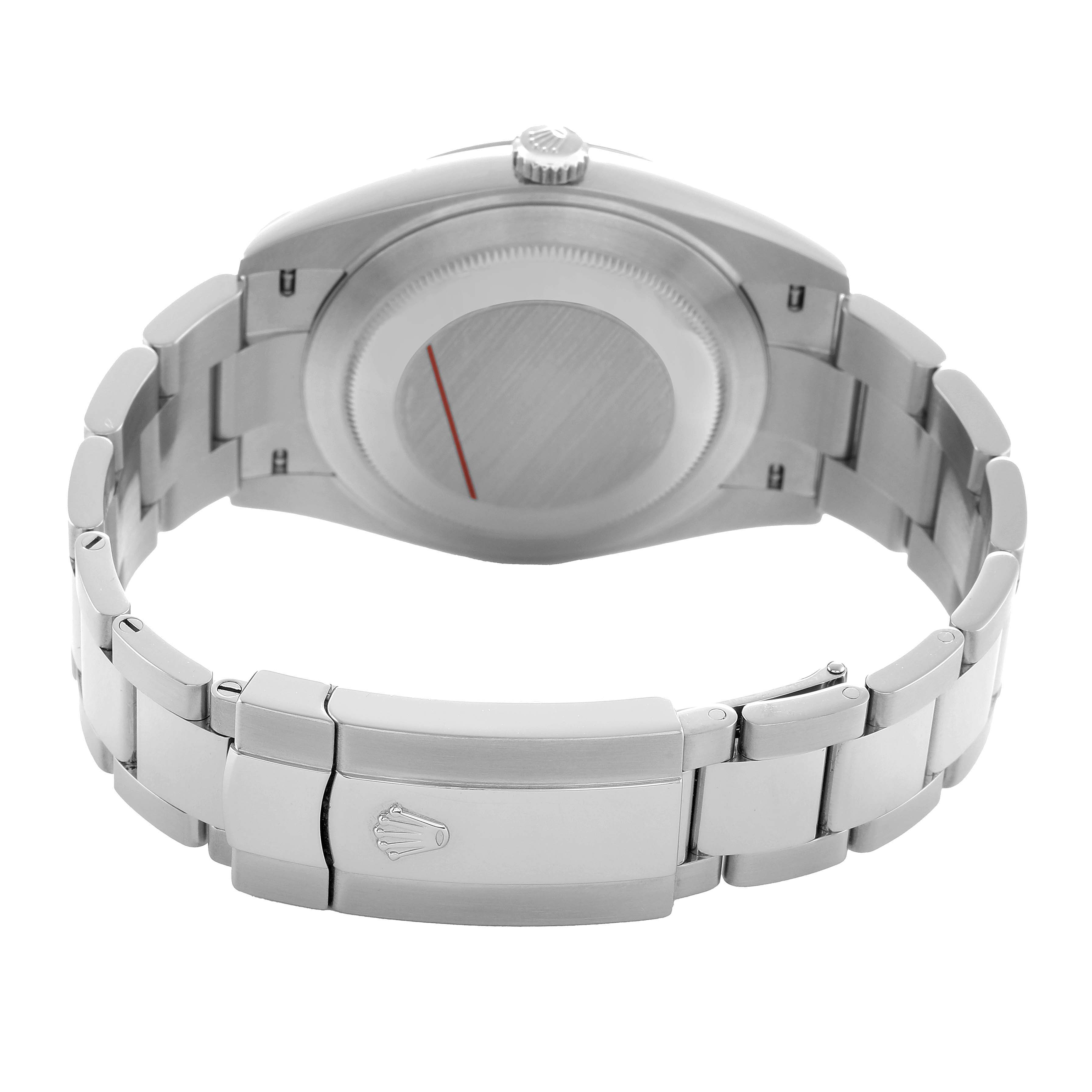 The Rolex Datejust 41 126300 Men's Stainless Steel Silver Dial is shown from the rear angle, highlighting the case back and clasp with the bracelet partially visible.