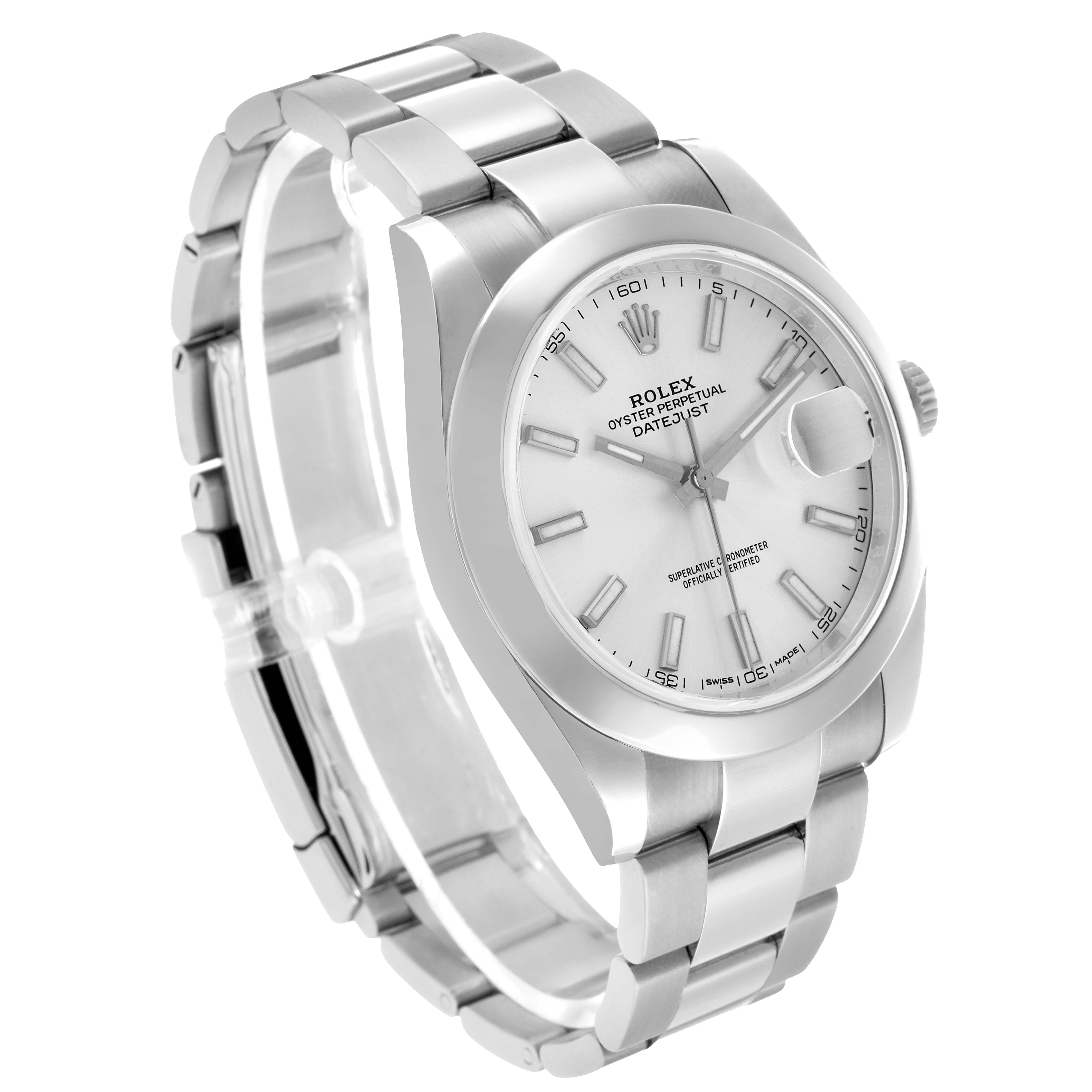 The Rolex Datejust 41 126300 Men's Stainless Steel Silver Dial is shown at a three-quarter angle, highlighting the watch face, bezel, and stainless steel bracelet.