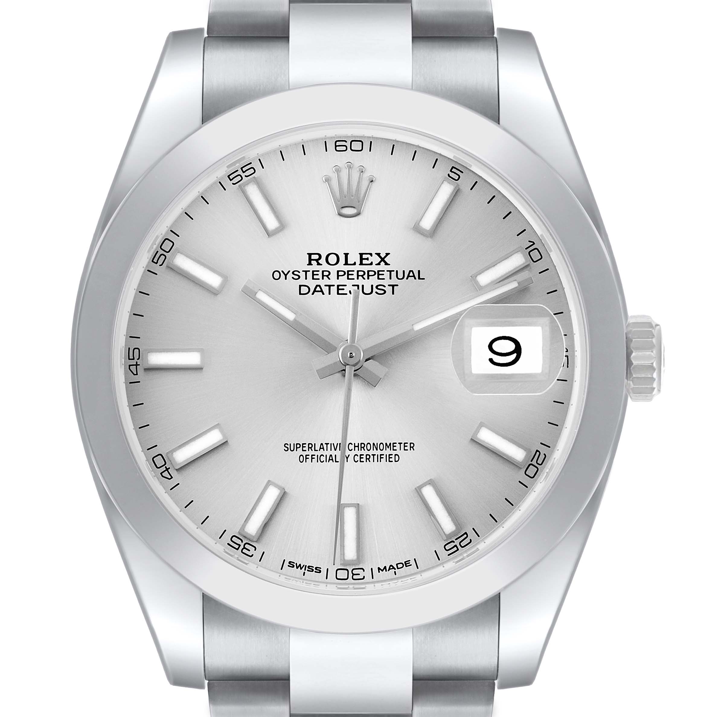 The Rolex Datejust 41 126300 Men's Stainless Steel Silver Dial watch is shown from a front angle, displaying the dial, bezel, crown, and part of the bracelet.
