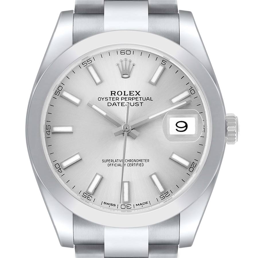 The Rolex Datejust 41 126300 Men's Stainless Steel Silver Dial watch is shown from a front angle, displaying the dial, bezel, crown, and part of the bracelet.