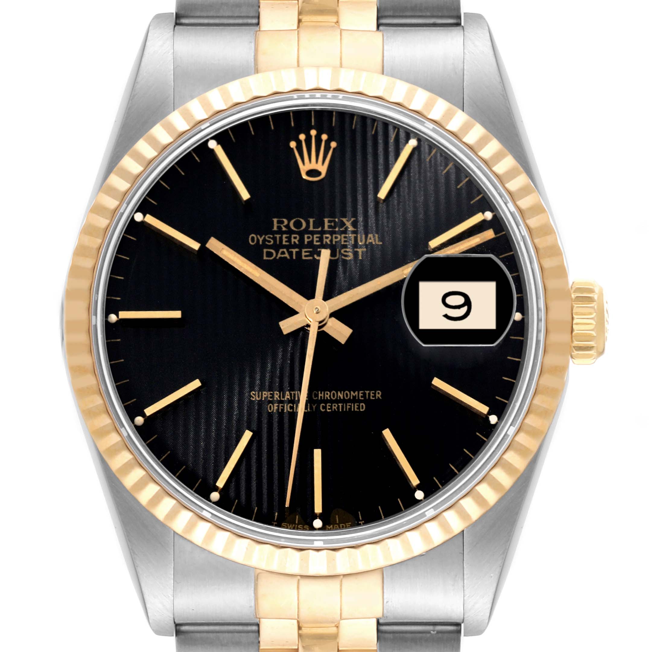 This is a front view of the Rolex Datejust 16233 Men's Steel and Gold (two tone) Black Dial 16233 Men's Steel and Gold (two tone) Black Dial watch, showing the dial, bezel, hands, and part of the bracelet.