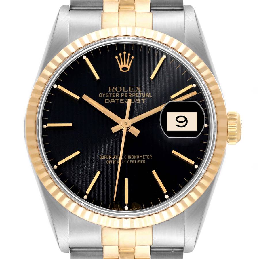 Rolex Datejust Black Tapestry Dial Steel Yellow Gold Mens Watch 16233 SwissWatchExpo