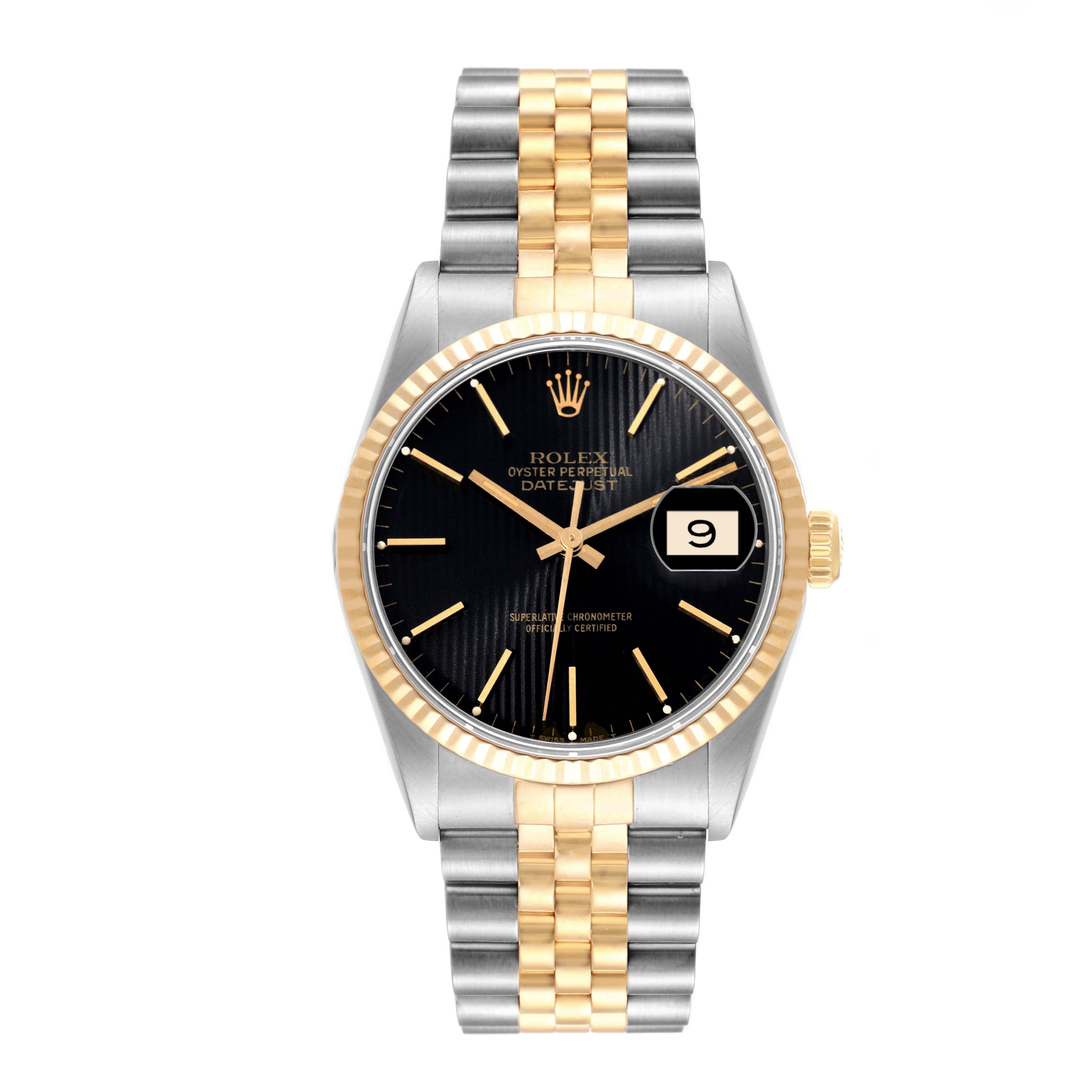 The image shows a Rolex Datejust 16233 Men's Steel and Gold (two tone) Black Dial 16233 Men's Steel and Gold (two tone) Black Dial watch from a top-down angle, displaying its face, bezel, and two-tone bracelet.