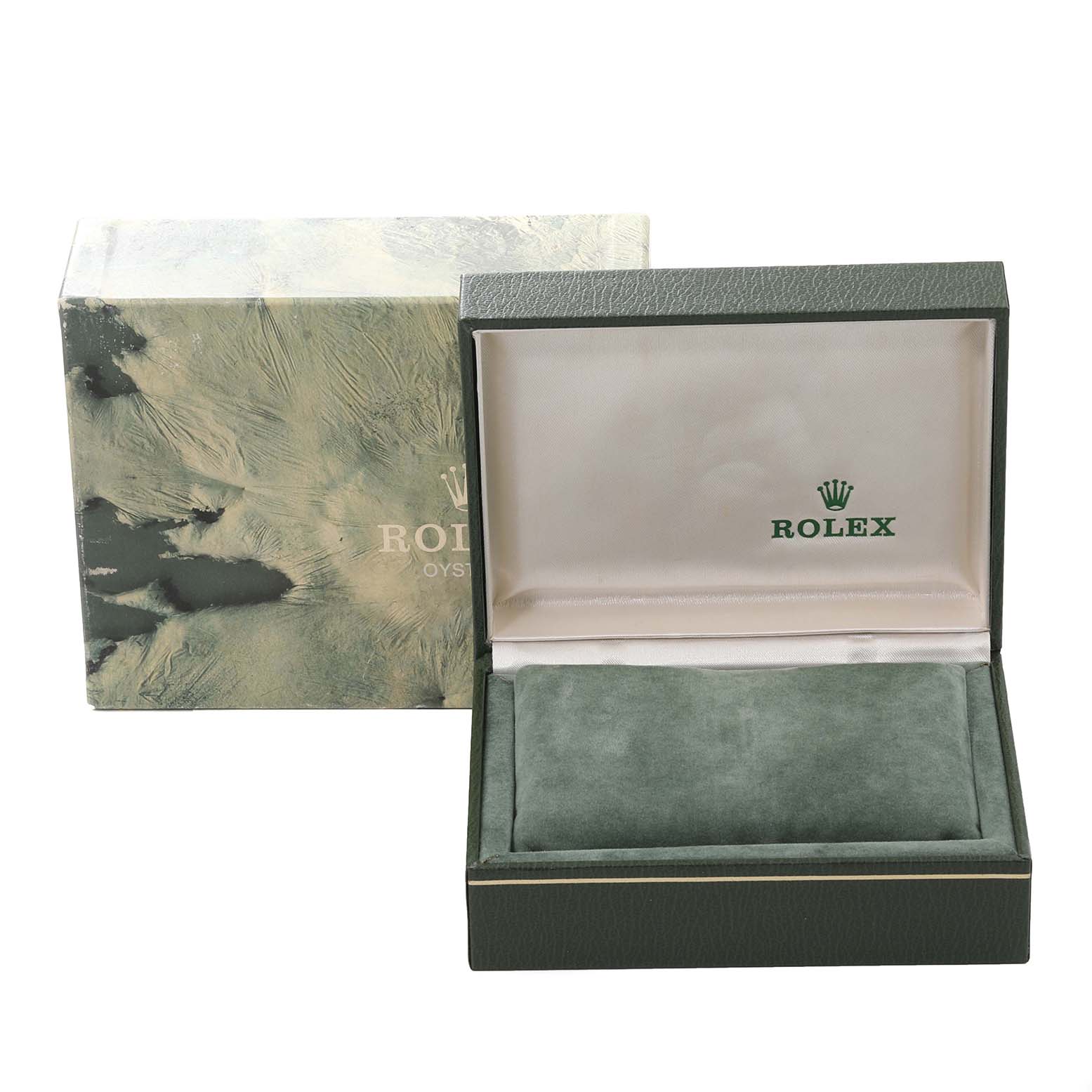 The image shows a green Rolex box for the Datejust model watch, including the outer and inner packaging.