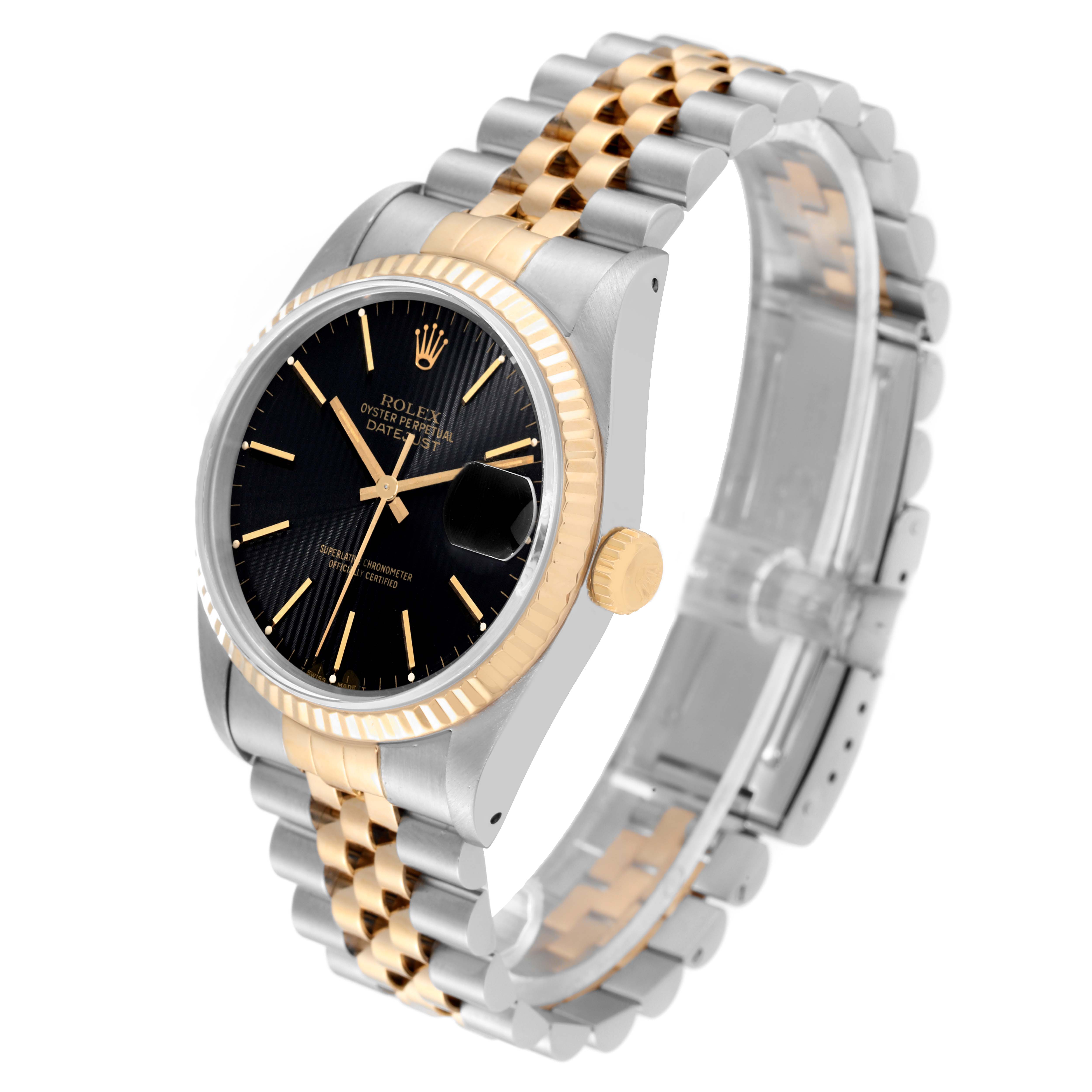 The image showcases a Rolex Datejust 16233 Men's Steel and Gold (two tone) Black Dial 16233 Men's Steel and Gold (two tone) Black Dial model watch viewed at a three-quarter angle, highlighting its bezel, dial, and bracelet.