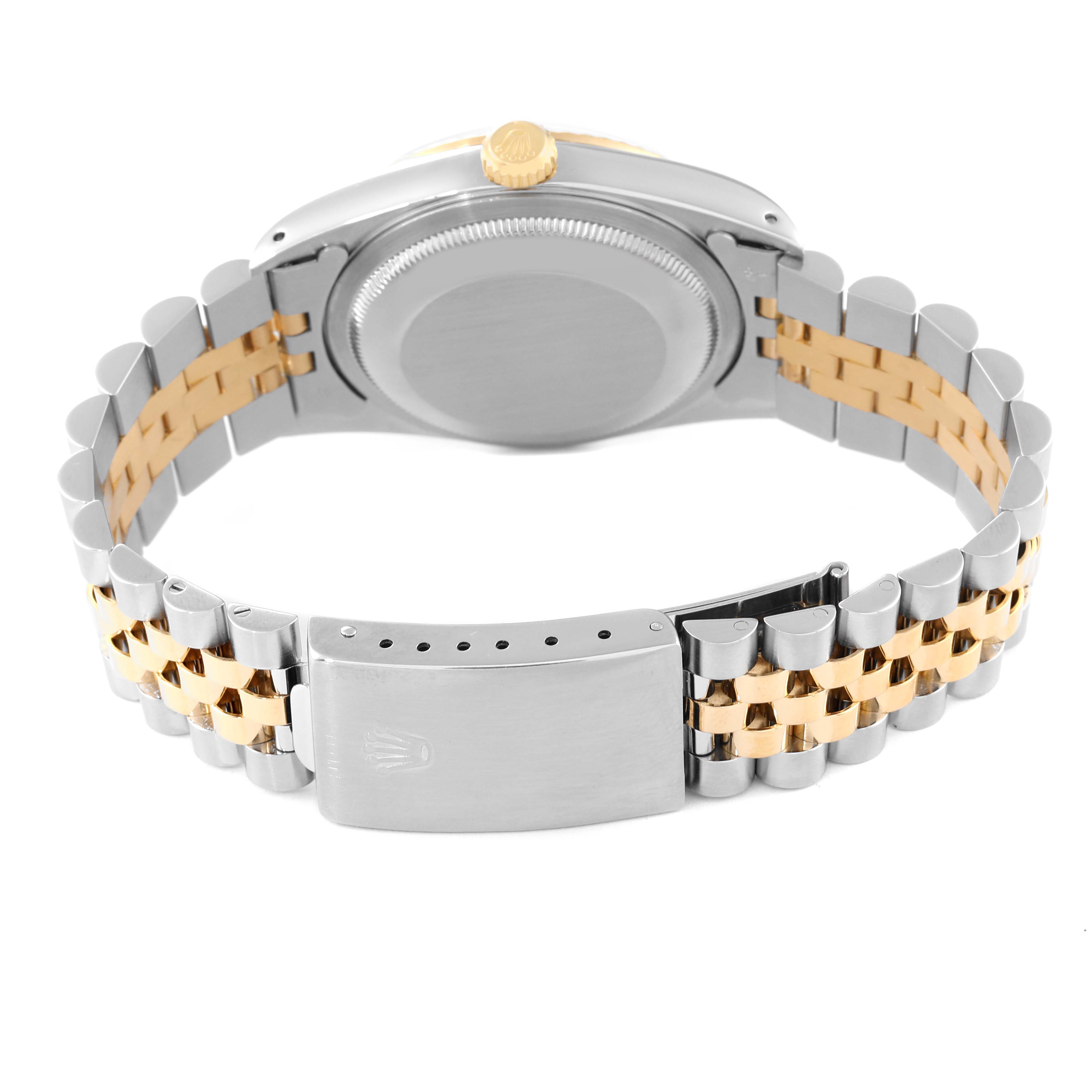 This image shows the backside and clasp of a Rolex Datejust 16233 Men's Steel and Gold (two tone) Black Dial 16233 Men's Steel and Gold (two tone) Black Dial watch, highlighting its two-tone bracelet and case back.