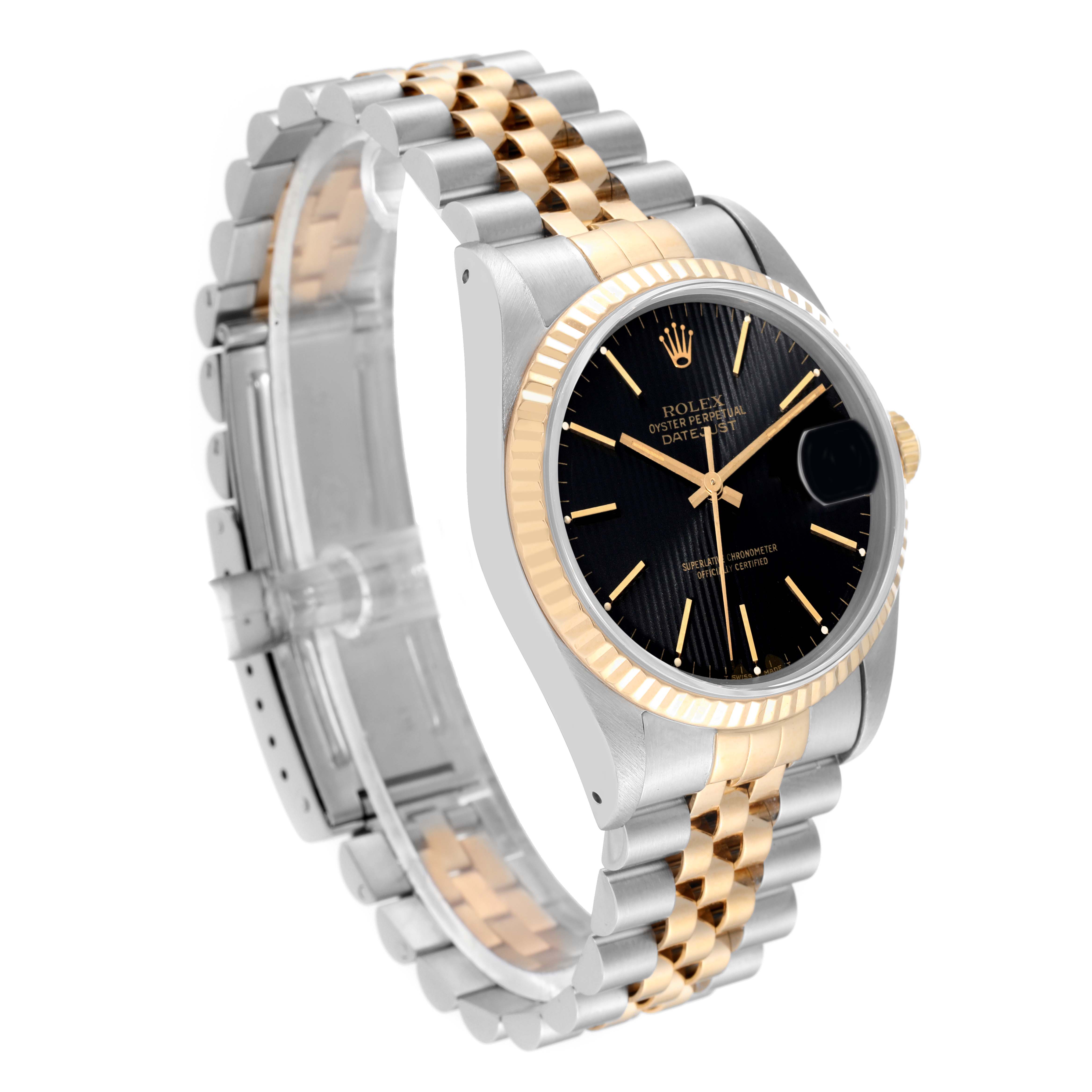 This Rolex Datejust 16233 Men's Steel and Gold (two tone) Black Dial 16233 Men's Steel and Gold (two tone) Black Dial watch is shown at a slight angle highlighting the face, bezel, and two-tone bracelet.
