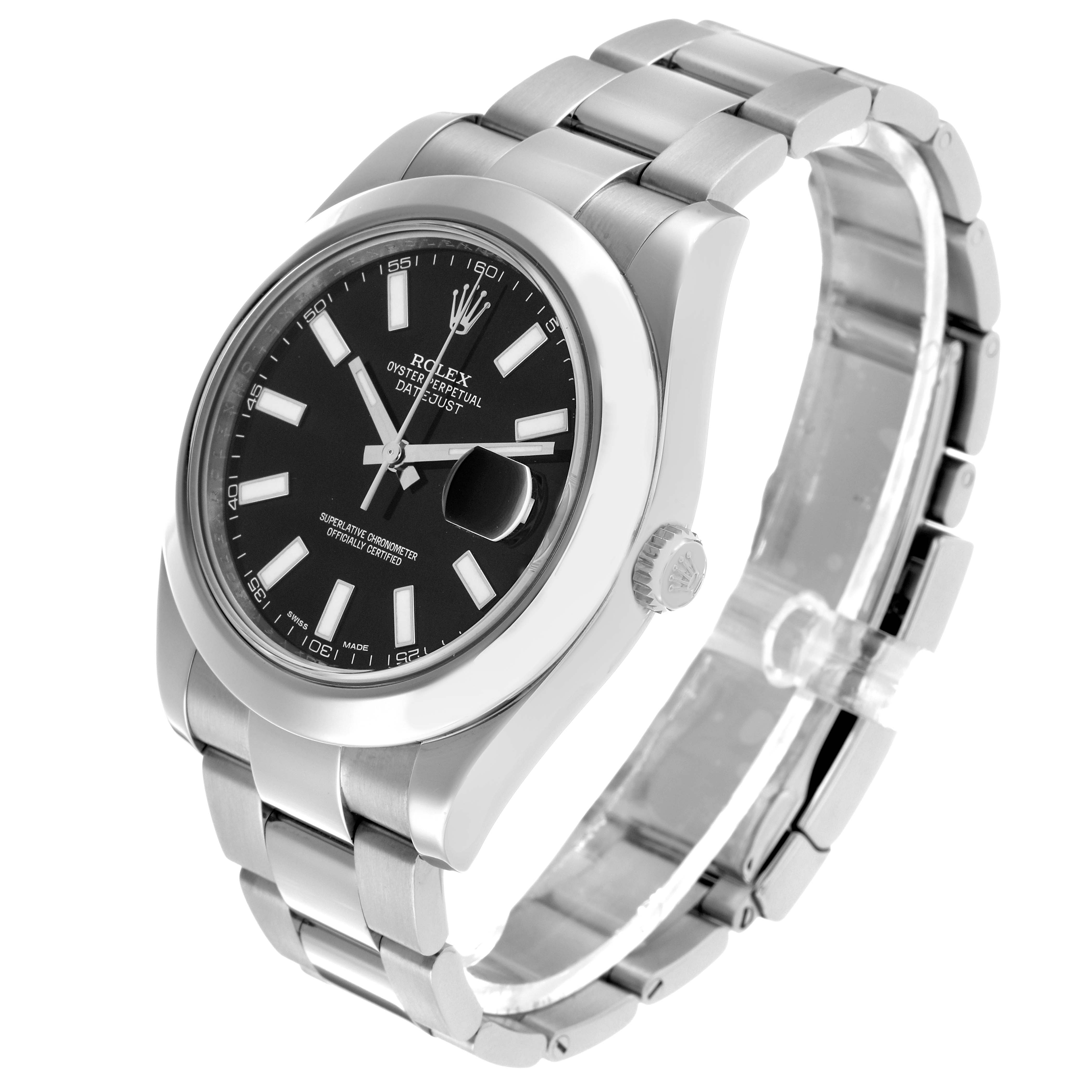 The Rolex Datejust 41 116300 Men's Stainless Steel Black Dial is shown at a slight angle, displaying the case, dial, bracelet, and crown.