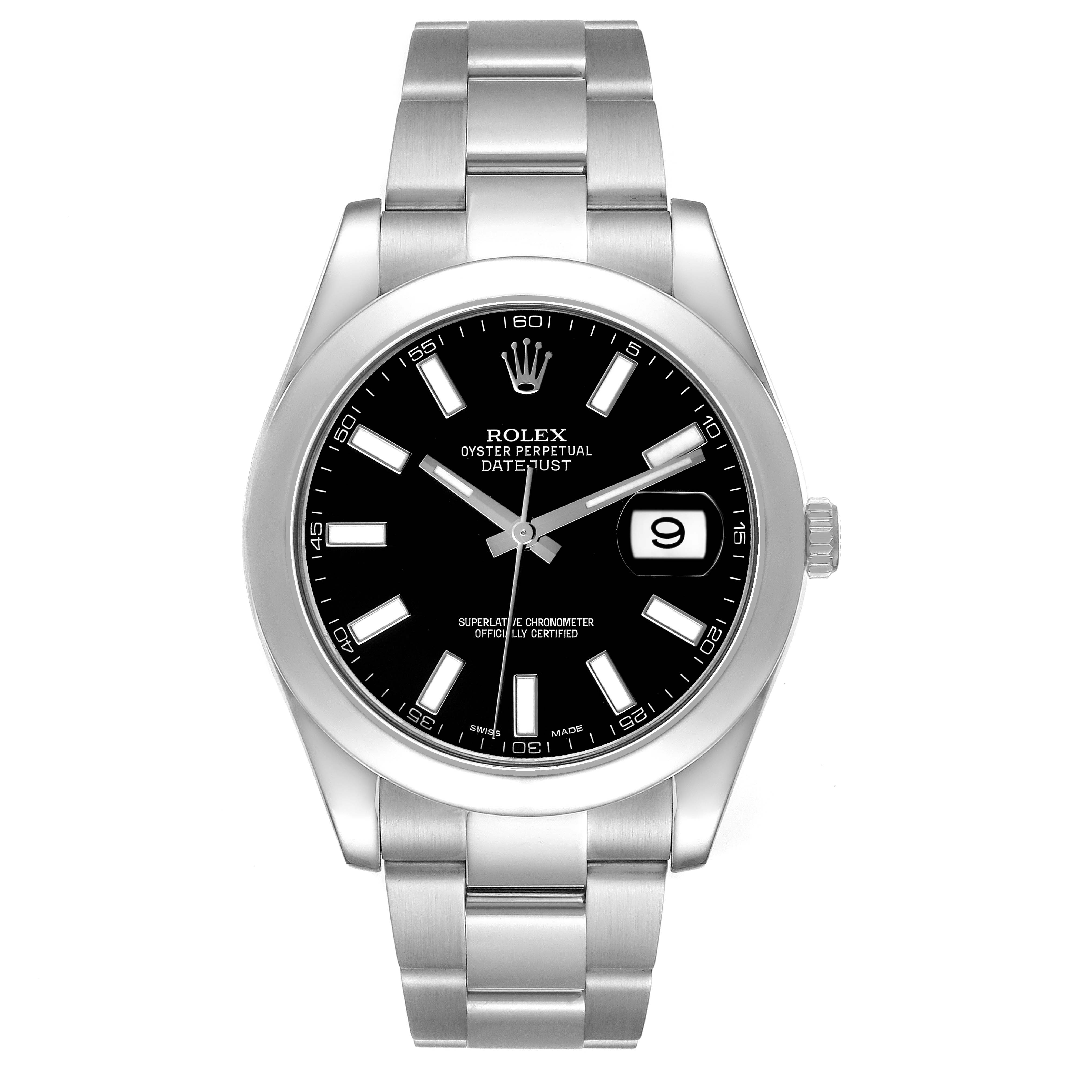 The Rolex Datejust 41 116300 Men's Stainless Steel Black Dial is shown from a front angle, highlighting the dial, hands, bracelet, and date window.