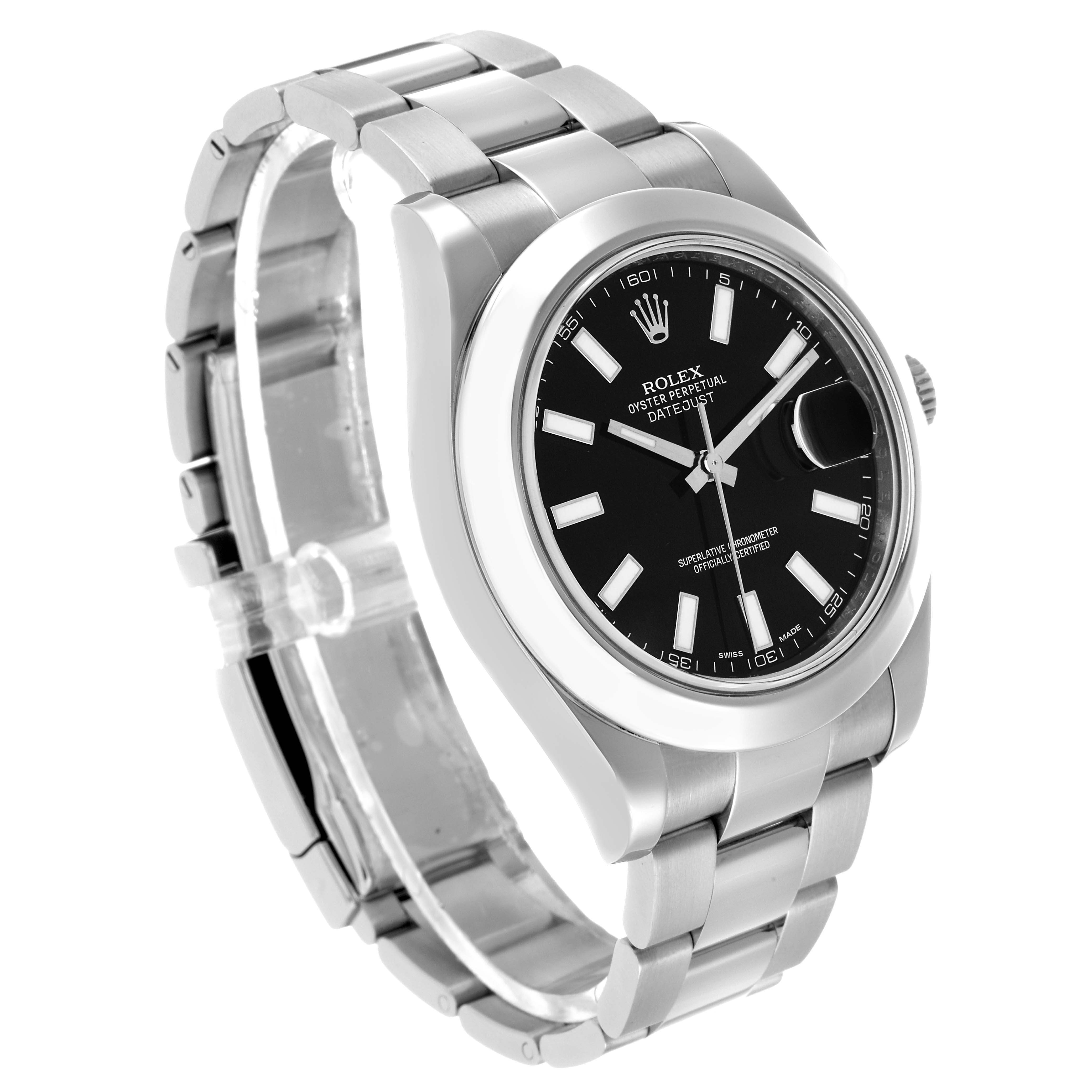 The Rolex Datejust 41 116300 Men's Stainless Steel Black Dial is shown at a three-quarter angle, featuring the dial, bezel, case, and part of the bracelet.