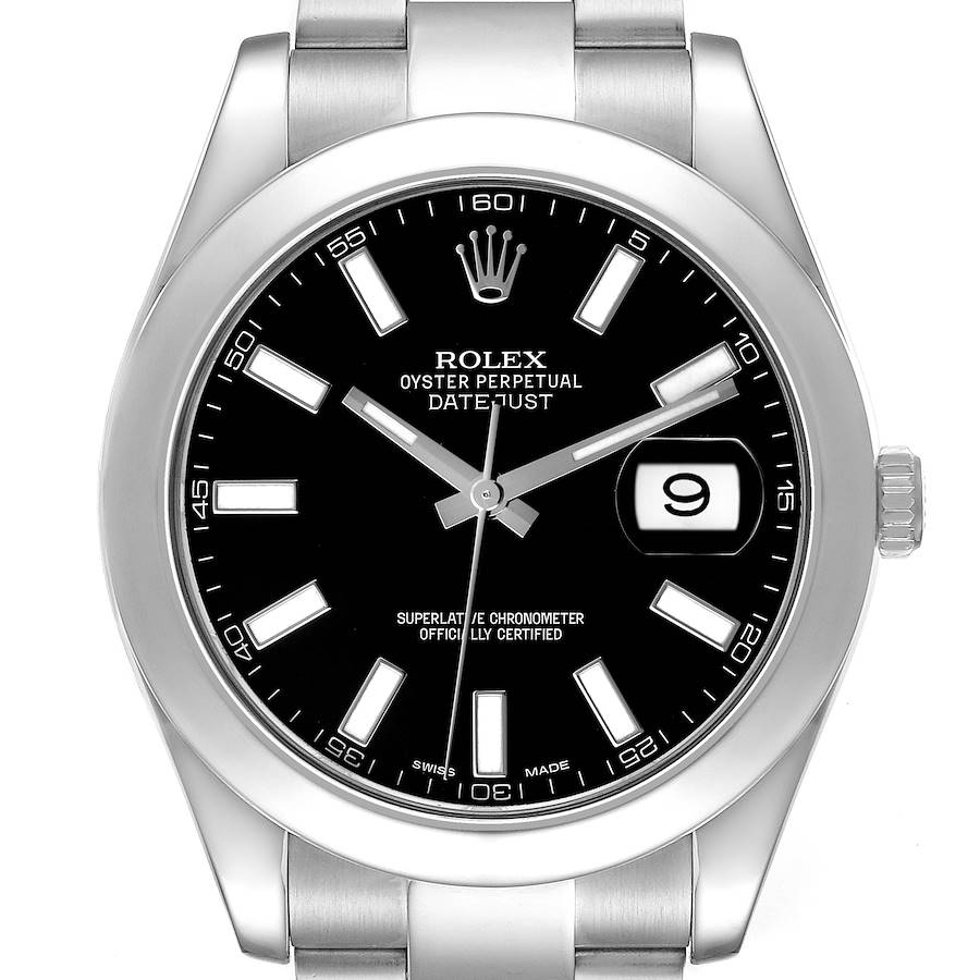The Rolex Datejust 41 116300 Men's Stainless Steel Black Dial watch is shown from a front angle, displaying the dial, bezel, and part of the bracelet.