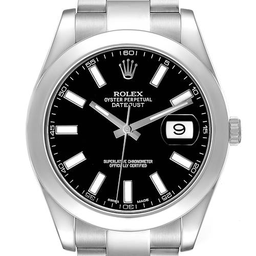 The Rolex Datejust 41 116300 Men's Stainless Steel Black Dial is shown from a direct front angle, highlighting the black dial, bezel, hands, date window, and part of the bracelet.
