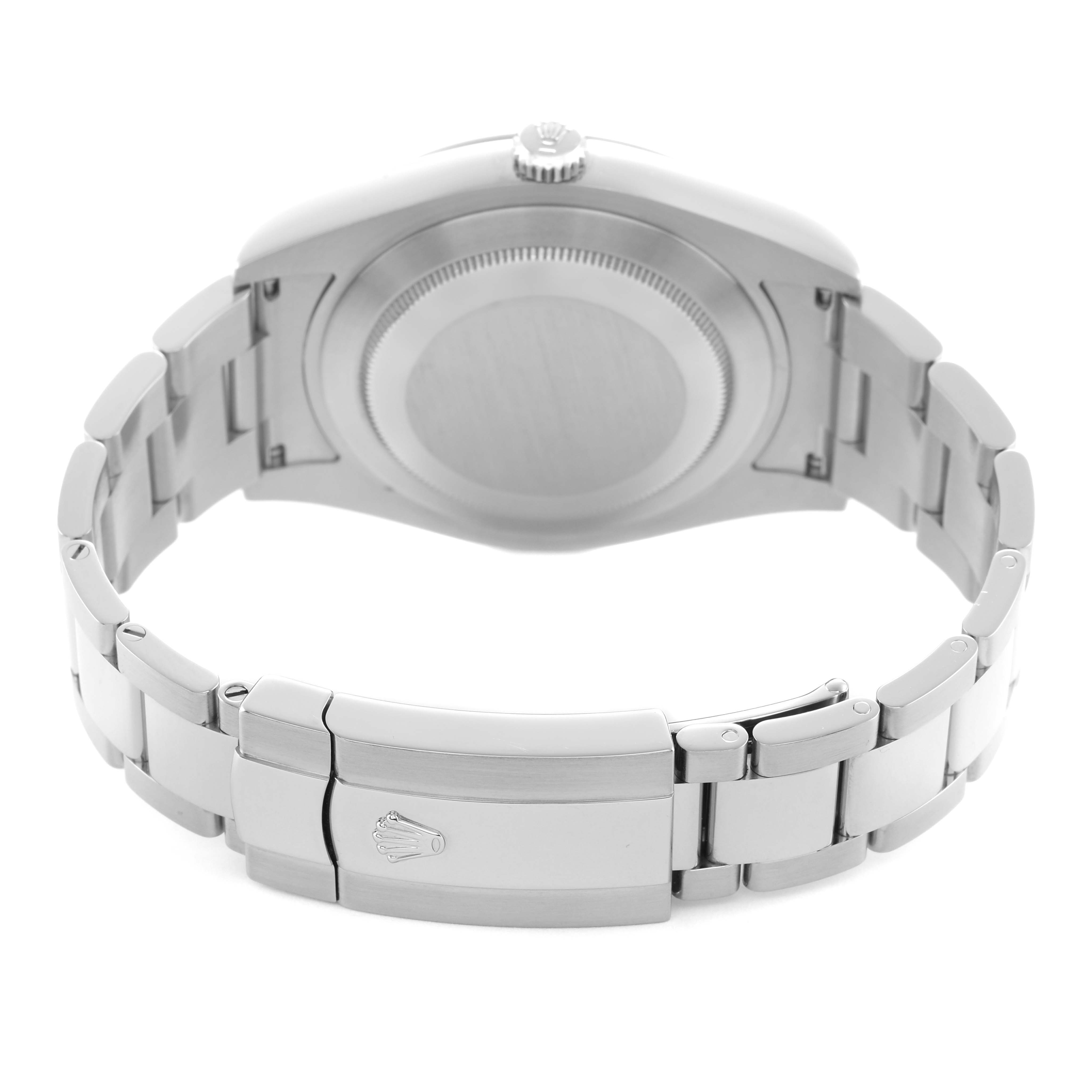 The image shows the back view of a Rolex Datejust 41 116300 Men's Stainless Steel Black Dial, highlighting the case back and bracelet clasp.