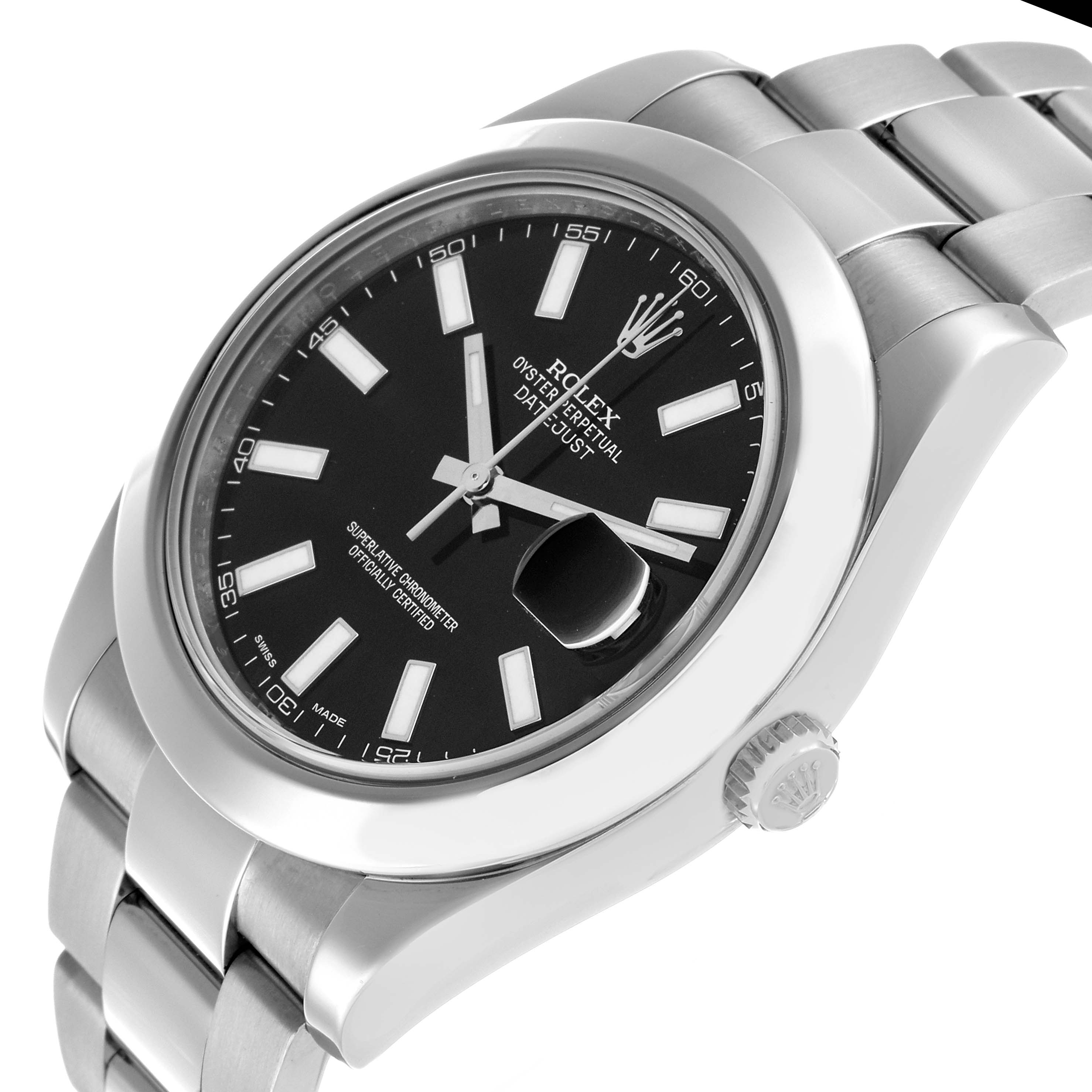 The Rolex Datejust 41 116300 Men's Stainless Steel Black Dial is shown at an angled side view, highlighting the black dial, bezel, and bracelet.